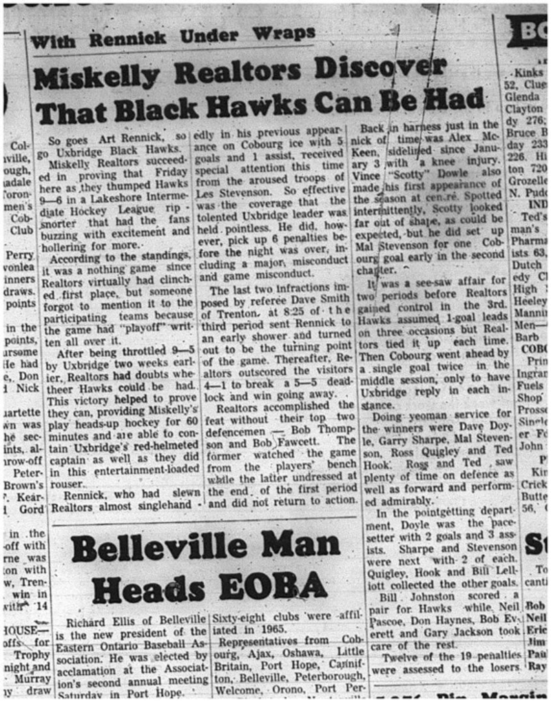 1966-02-09 Hockey -Boys  Lakeshore Intermdediate Hockey League - Cobourg Miskelly RealtorsVs. Uxbridge Black Hawks