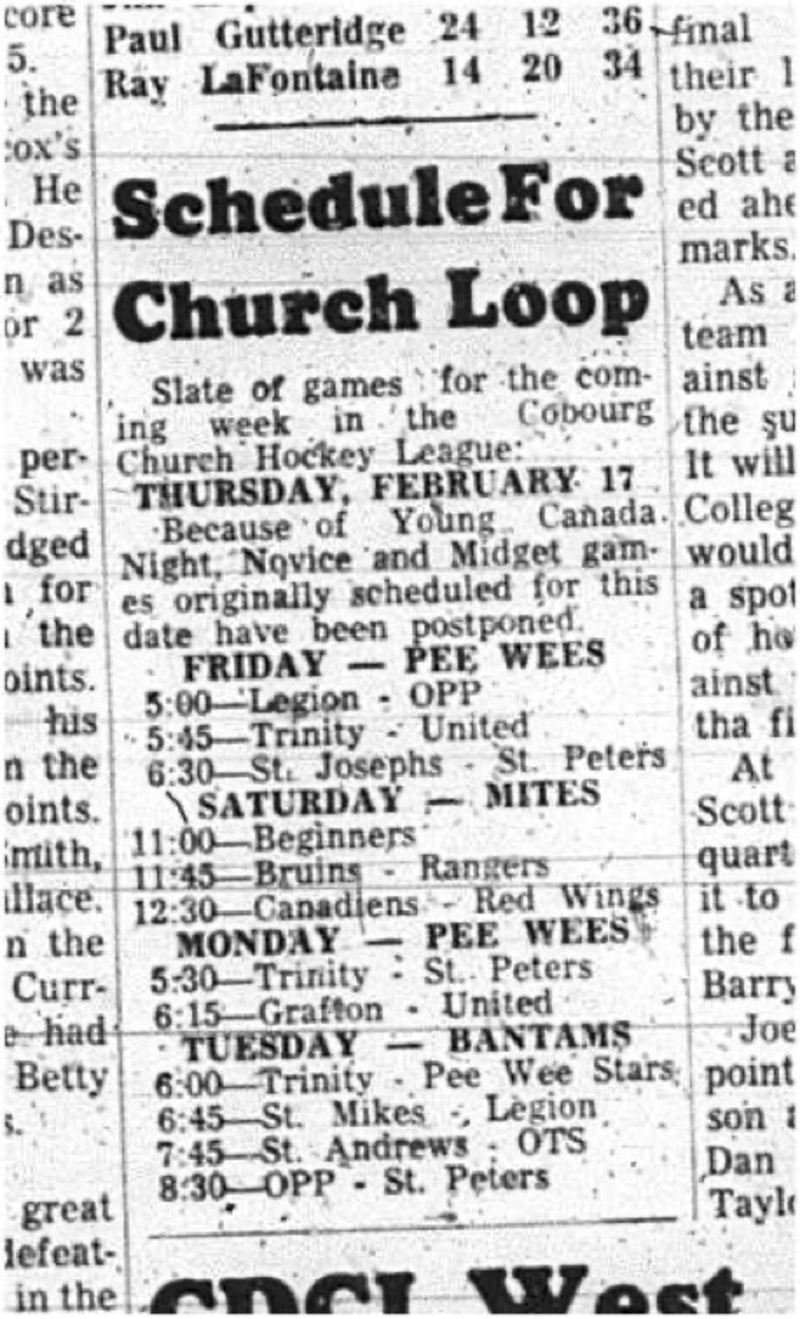 1966-02-15 Hockey -Boys -CCHL - Schedule