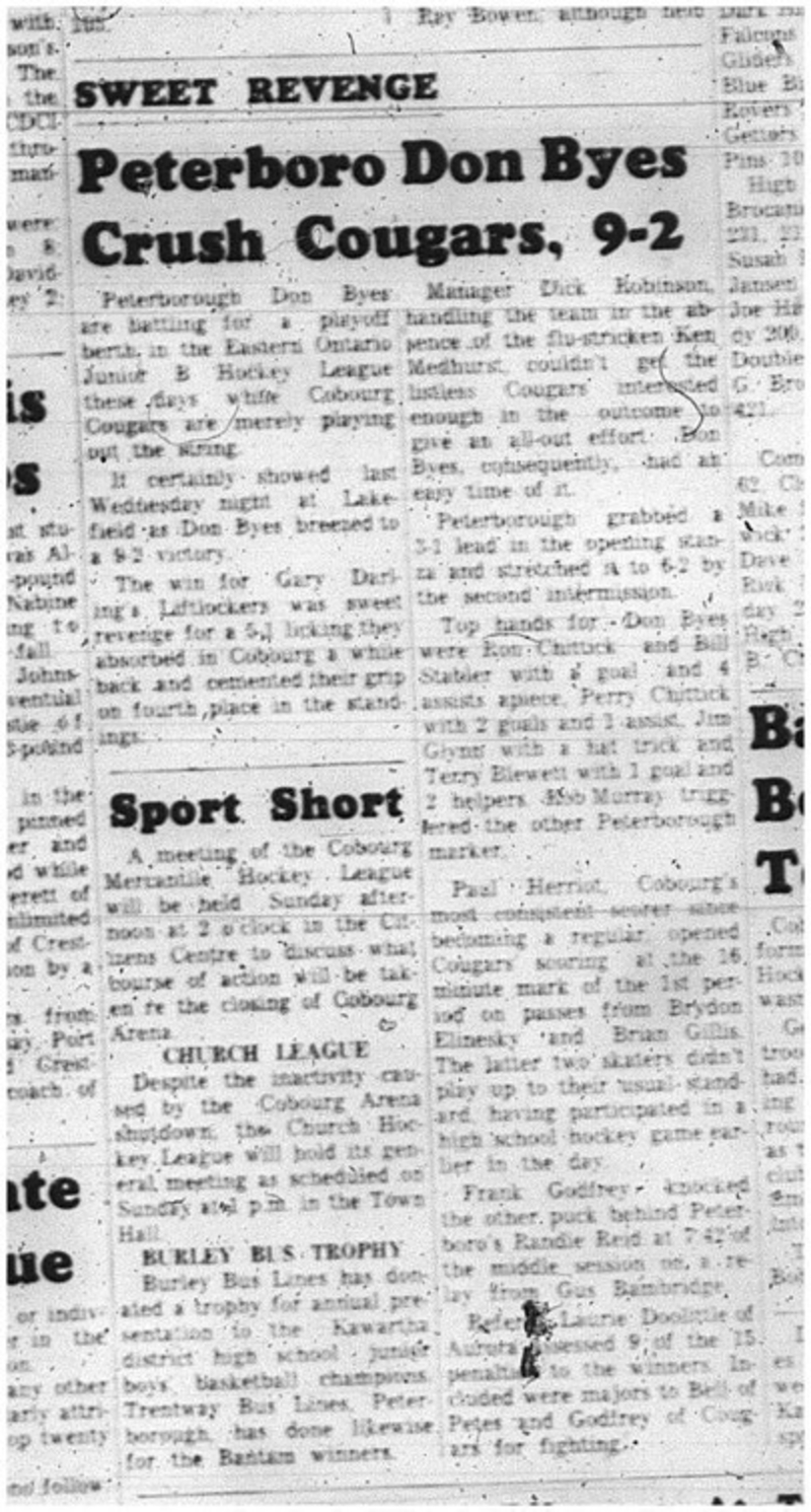 1966-02-15 Hockey -Boys -Junior B Hockey League - Cobourg Cougars Vs. Peterborough
