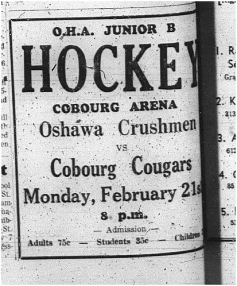 1966-02-15 Hockey -Boys -Junior B Hockey League - Oshawa Crushmen Vs. Cobourg Cougars