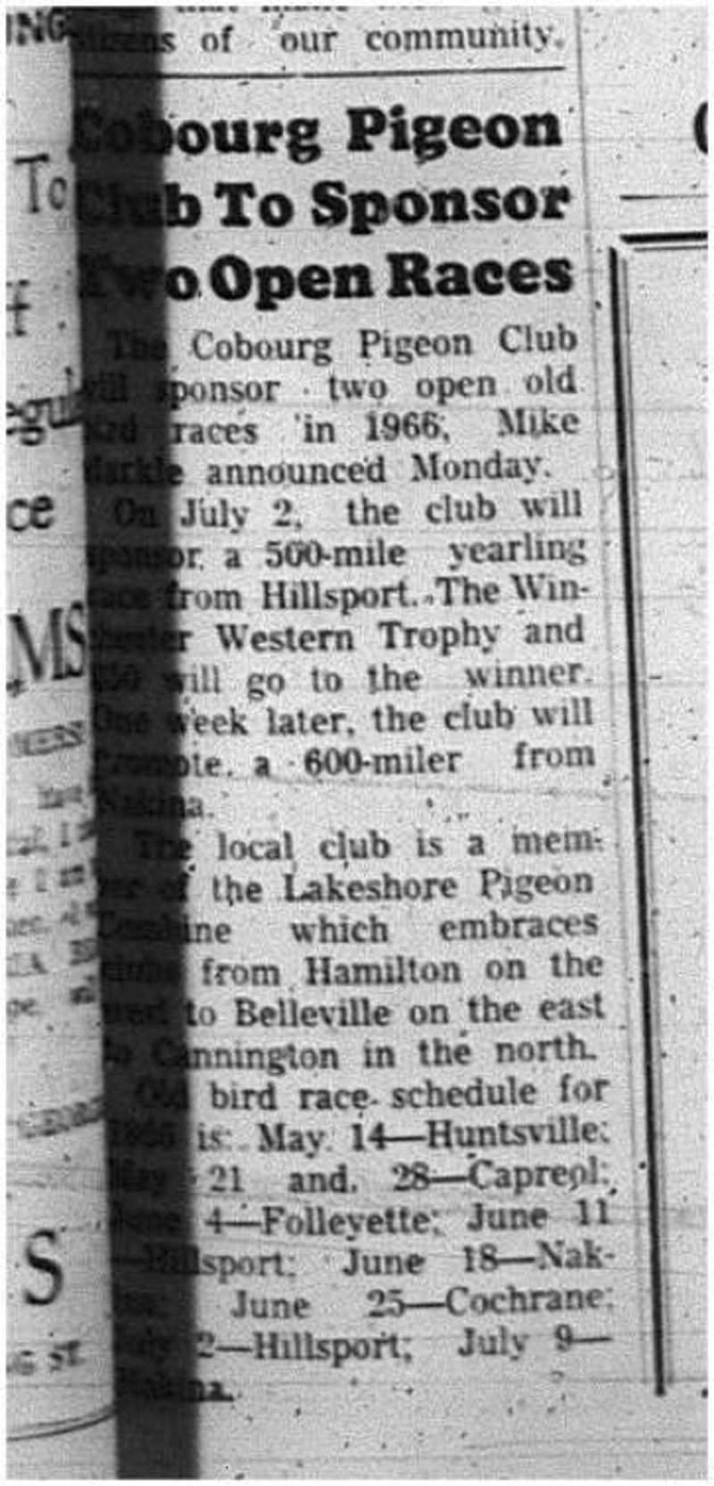 1966-02-15 Pigeon Racing -Men -Cobourg Pigeon Racing Club