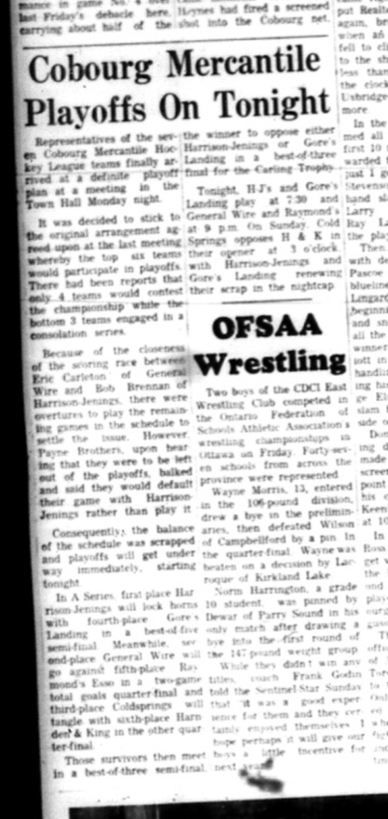 1966-03-09 Hockey -Men -Cobourg Mercantile Hockey League - Playoffs