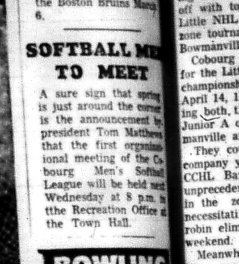 1966-03-16 Softball -Men -Cobourg Mens Softball League - Meeting