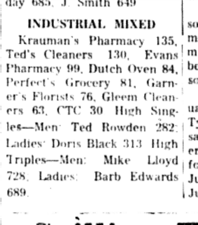 1966-03-23 Bowling -Mixed -Industrial Mixed Results
