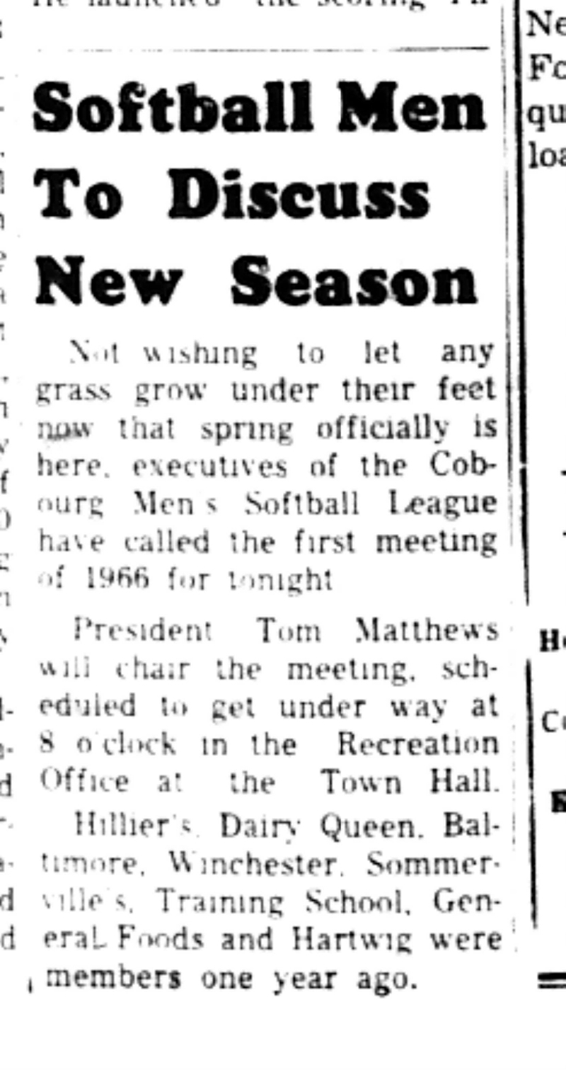 1966-03-23 Softball -Men -Cobourg To Start New Season