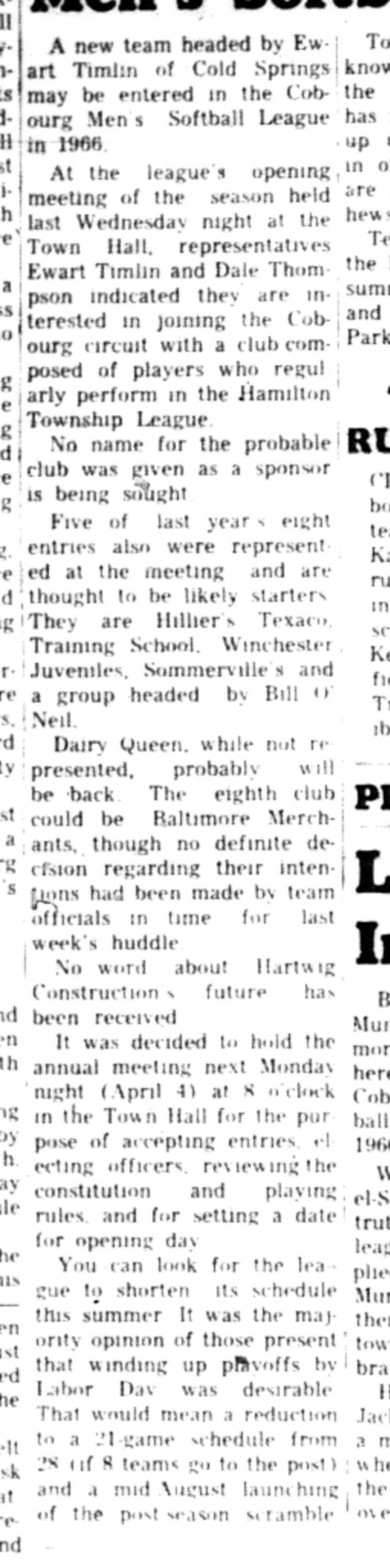 1966-03-30 Softball -Men -Hamilton Township Seeking Cobourg Loop-B