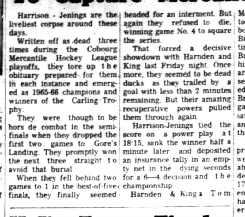 1966-04-20 Hockey -Men -Gores Landing Wins Mercantile League-B