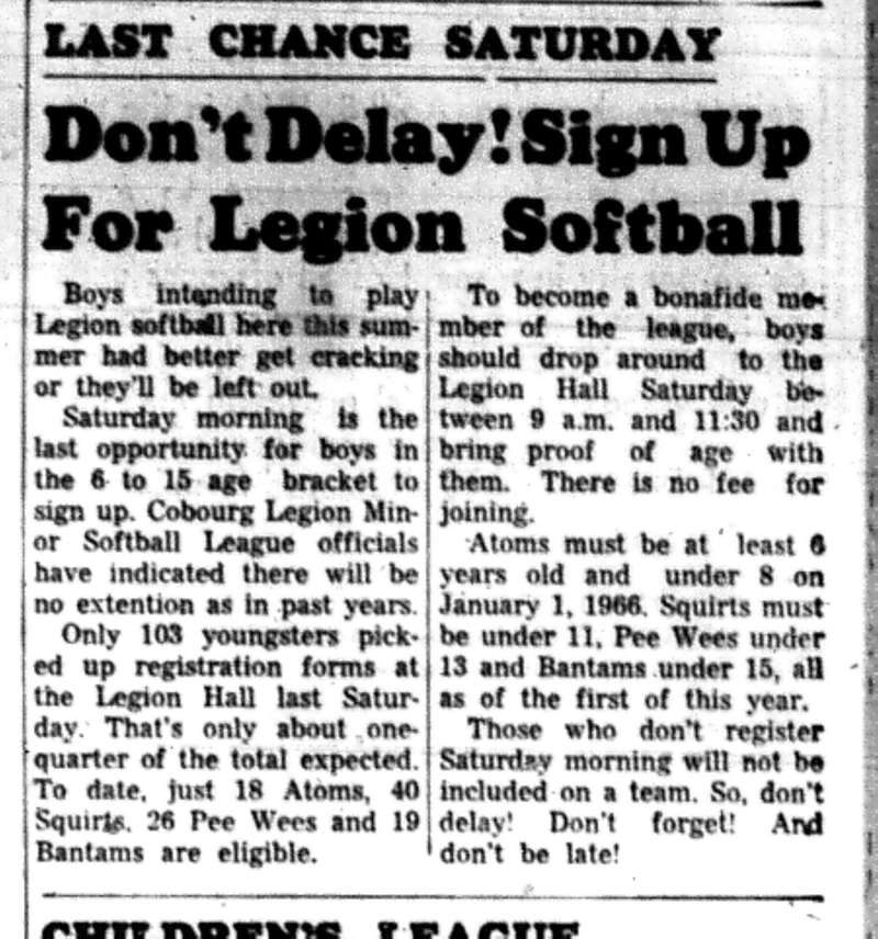 1966-04-20 Softball -Boys -Legion Softball Sign Ups