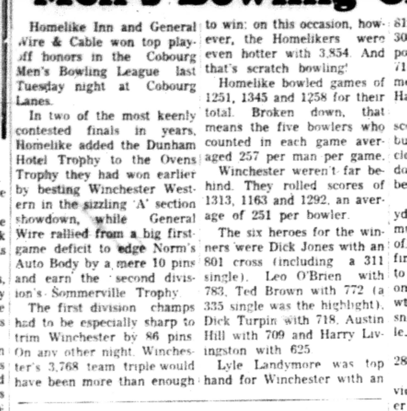 1966-05-11 Bowling -Men -Homelike, General Wire Cobourg League Champs-B