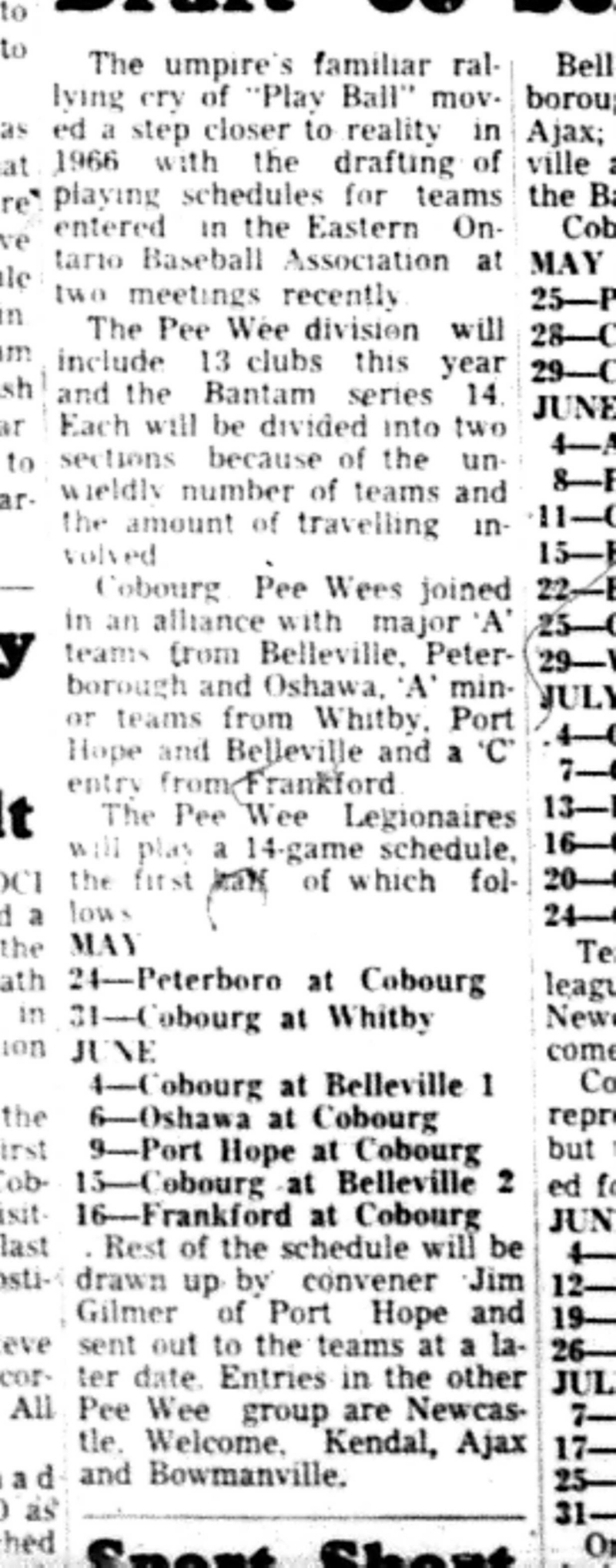 1966-05-18 Baseball -Boys -Cobourg EOBA Schedule-B