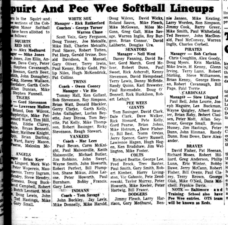 1966-05-18 Softball -Boys -Squirt and Peewee Softball Lineups