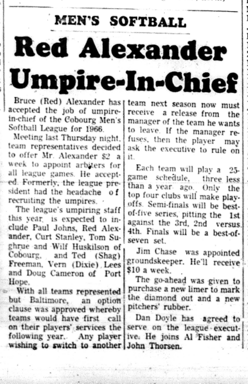 1966-05-25 Softball -Boys -Cobourg Umpire In Chief