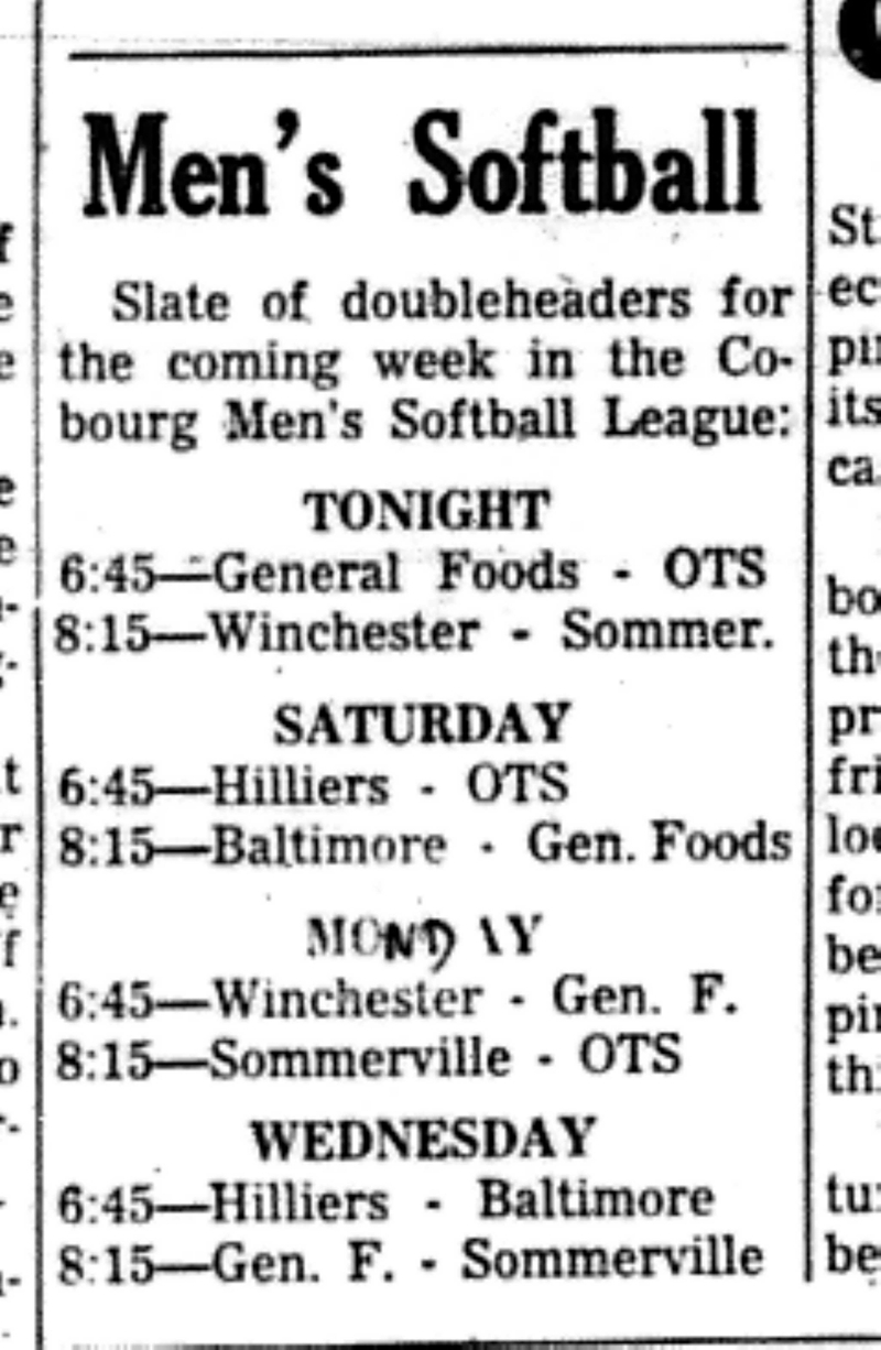 1966-05-25 Softball -Men -CMSL Schedule