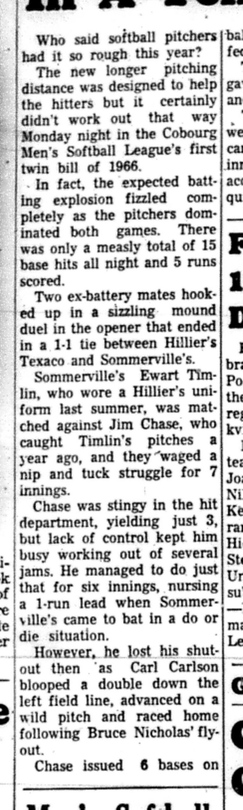 1966-05-25 Softball -Men -CMSL-Hilliers vs Sommerville-B