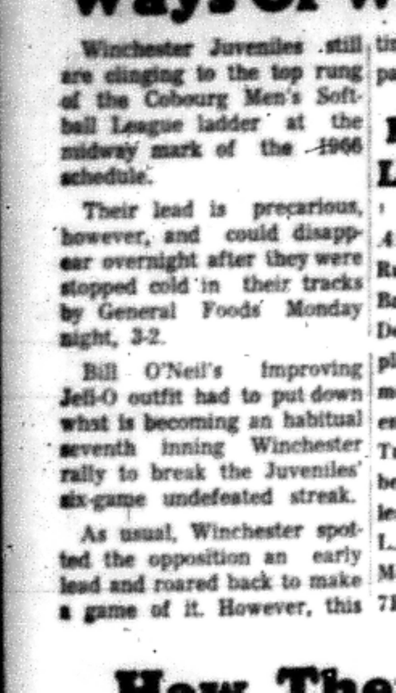 1966-07-06 Softball -Men -CMSL-General Foods vs Winchester-B