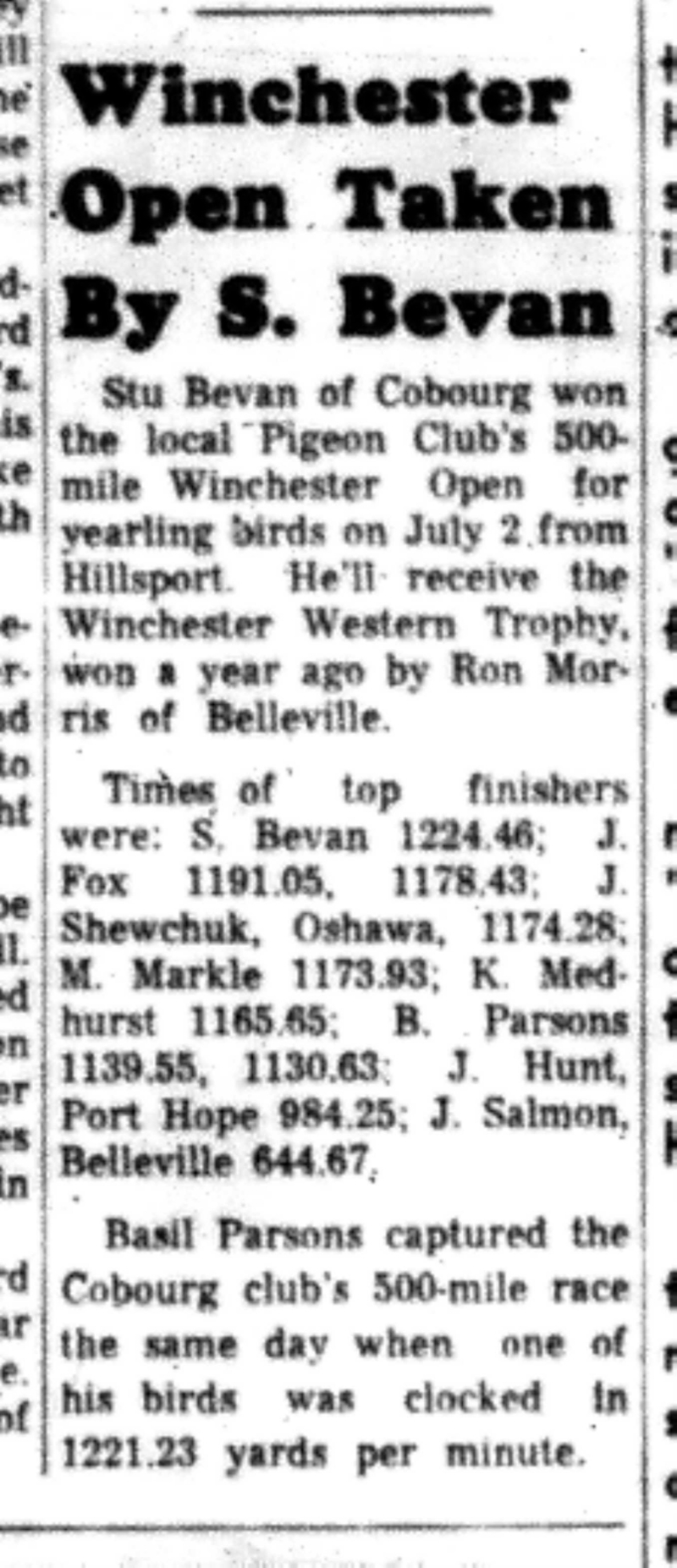 1966-07-13 Pigeon Club -Mixed -Minchester Open Won