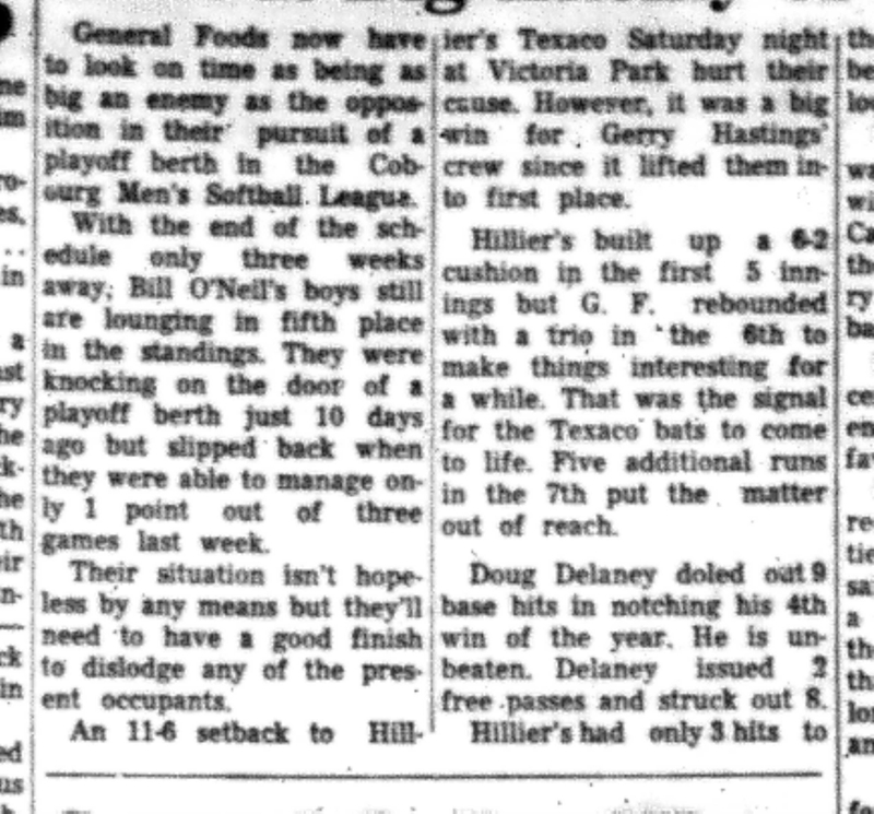 1966-07-27 Softball -Men -CMSL-General Foods Seeks Playoffs-B