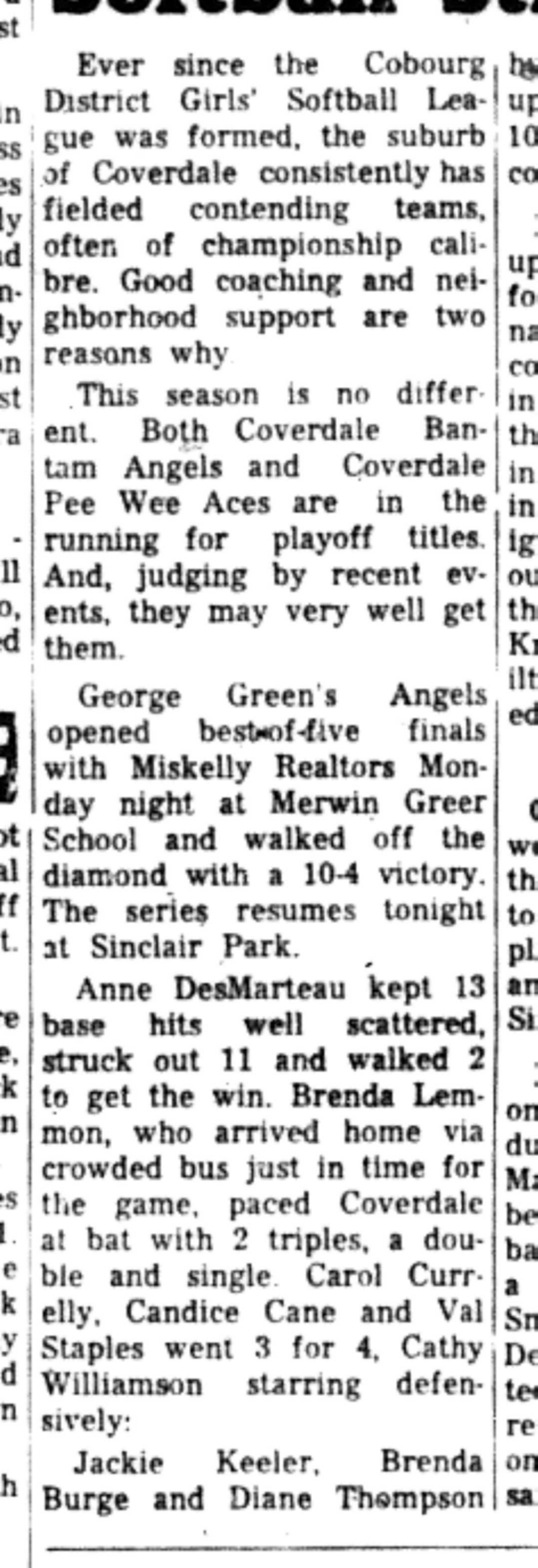 1966-08-31 Softball -Girls -CDGSL-Coverdale In Line For 2 Titles-B