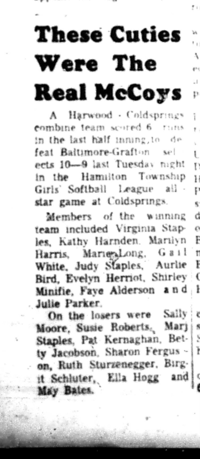 1966-08-31 Softball -Girls -Harwood vs Coldsprings