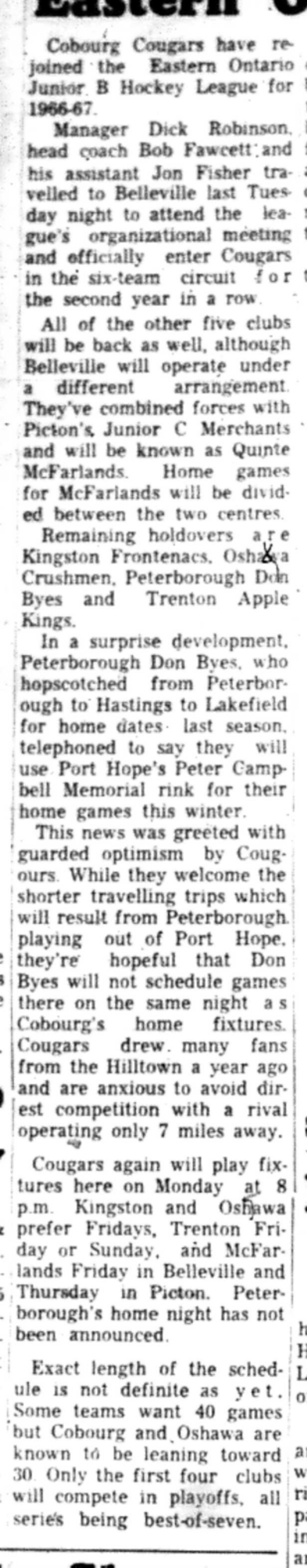 1966-09-07 Hockey -Boys -Cougars Rejoin OHA-B