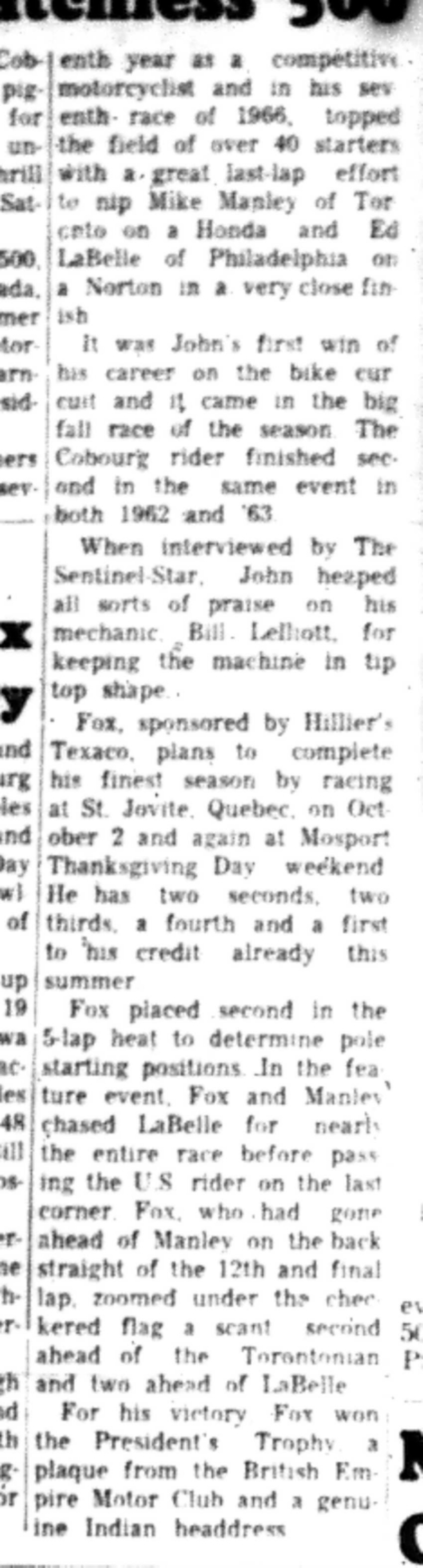 1966-09-07 Motorcycle Racing -Men -Cobourg Man Captures Presidents Trophy-C