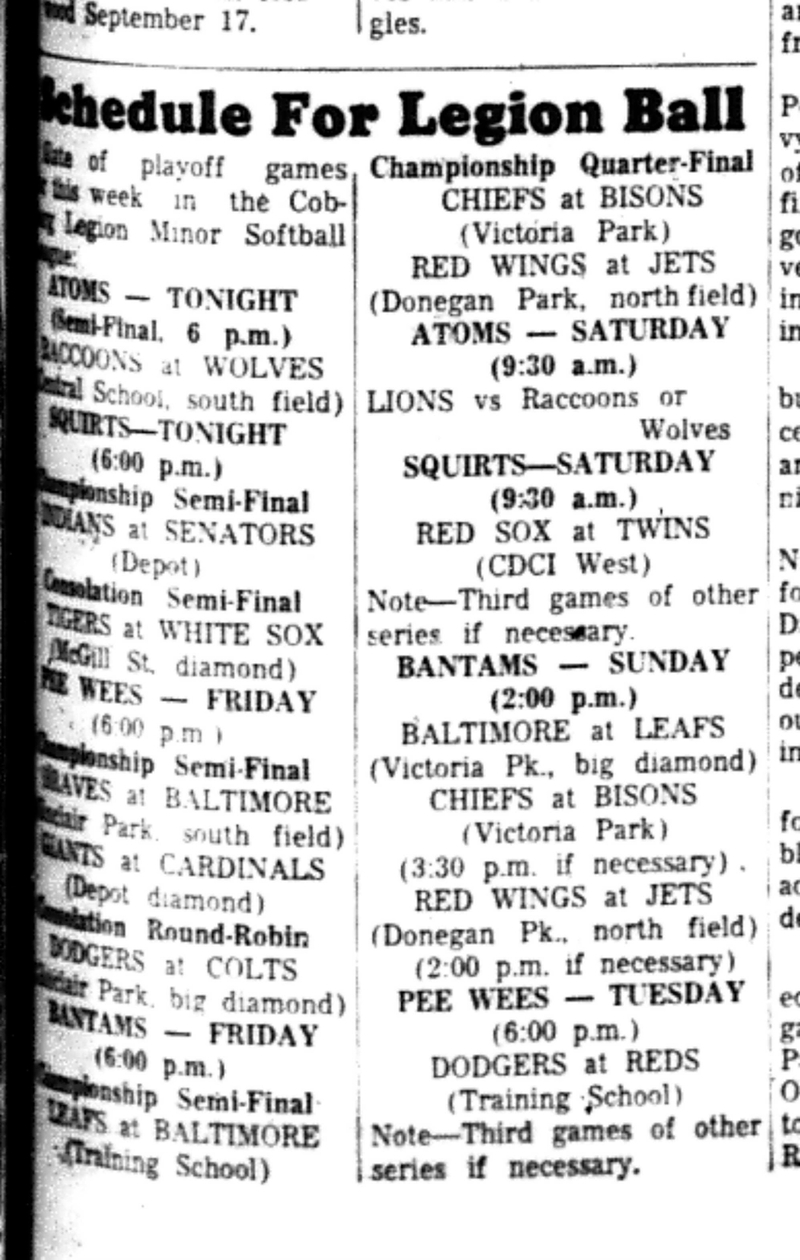 1966-09-07 Softball -Boys -CLMSL Schedule