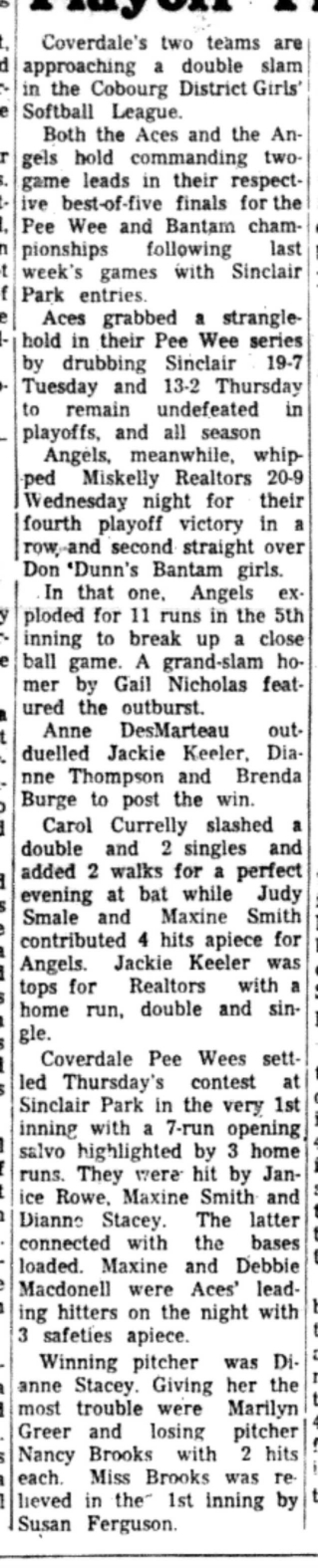 1966-09-07 Softball -Girls -CDGSL-Aces,Angels In Playoffs-B