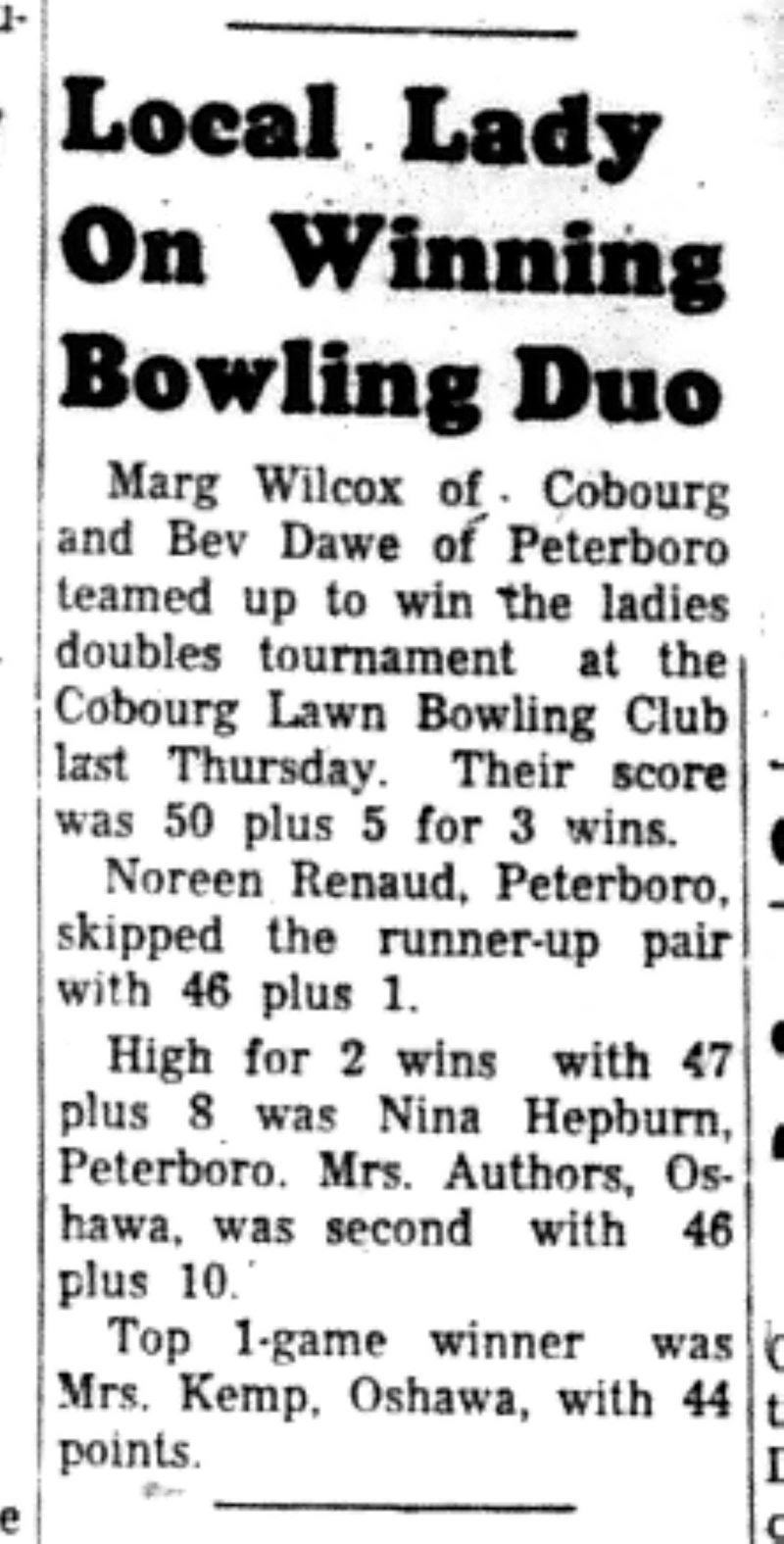 1966-09-14 Bowling -Ladies -Local Duo Wins Bowling