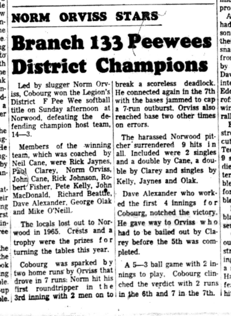 1966-09-21 Softball -Boys -Branch 133 Peewee Champions