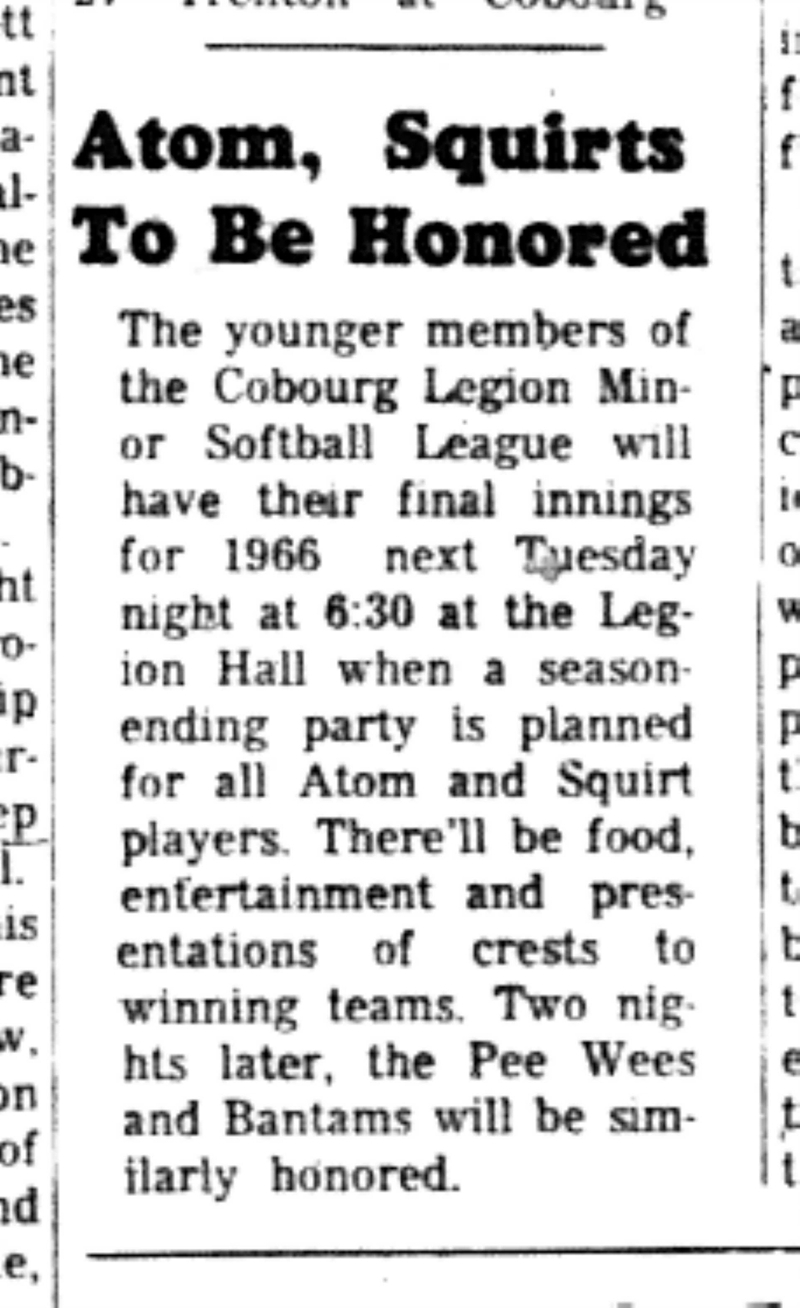 1966-10-12 Softball -Boys -CLMSL-Atom,Squirts To Be Honored