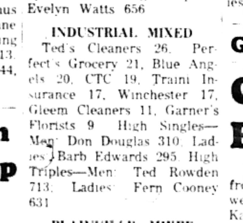 1966-10-19 Bowling -Mixed -Industrial League Results