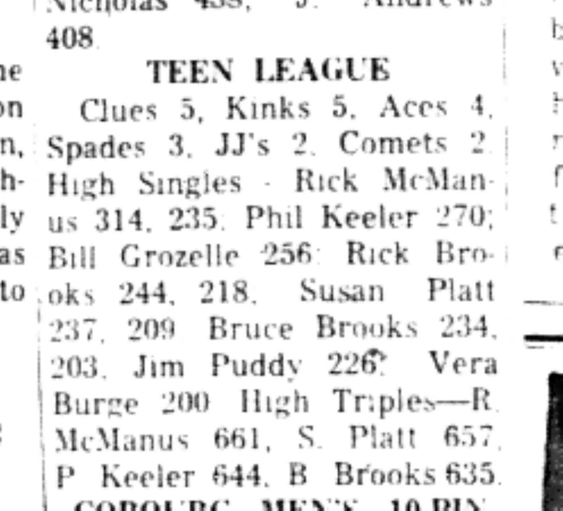 1966-11-02 Bowling -Mixed -Teen League Results