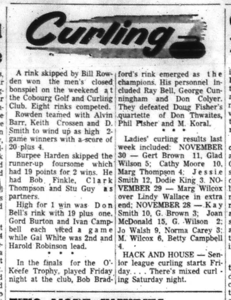 1966-12-07 Curling -Mixed -Cobourg Bonspiel Results