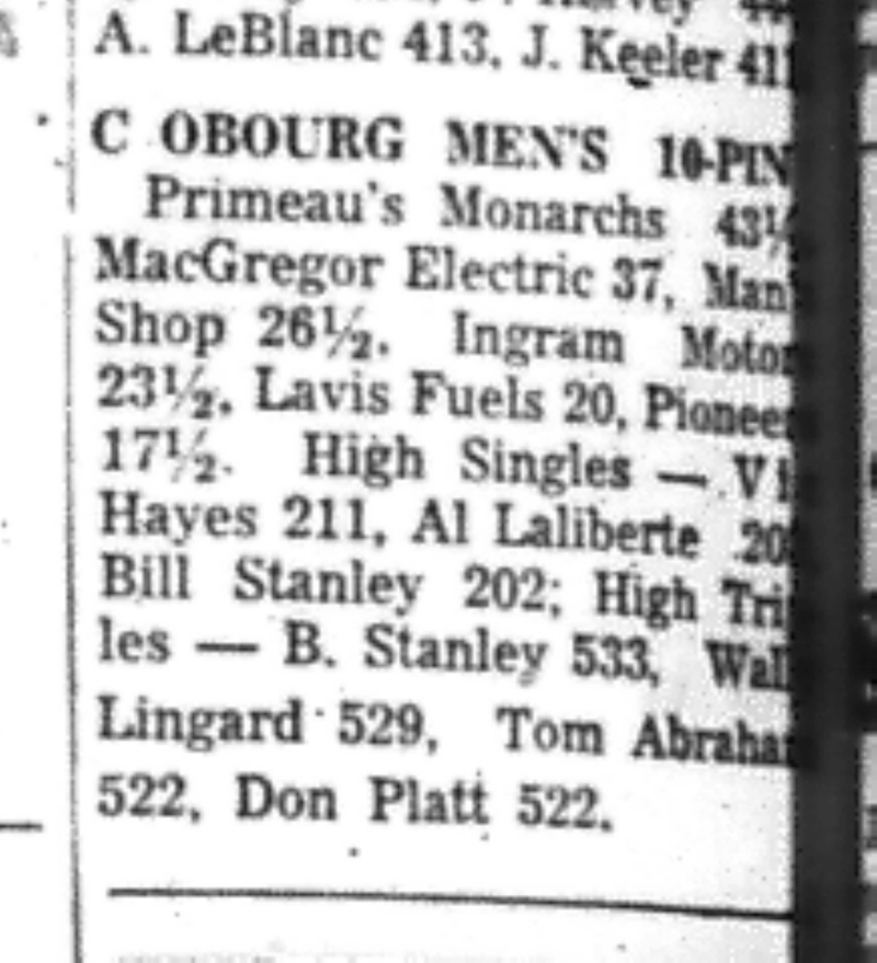 1966-12-14 Bowling -Men -Cobourg Mens League Results