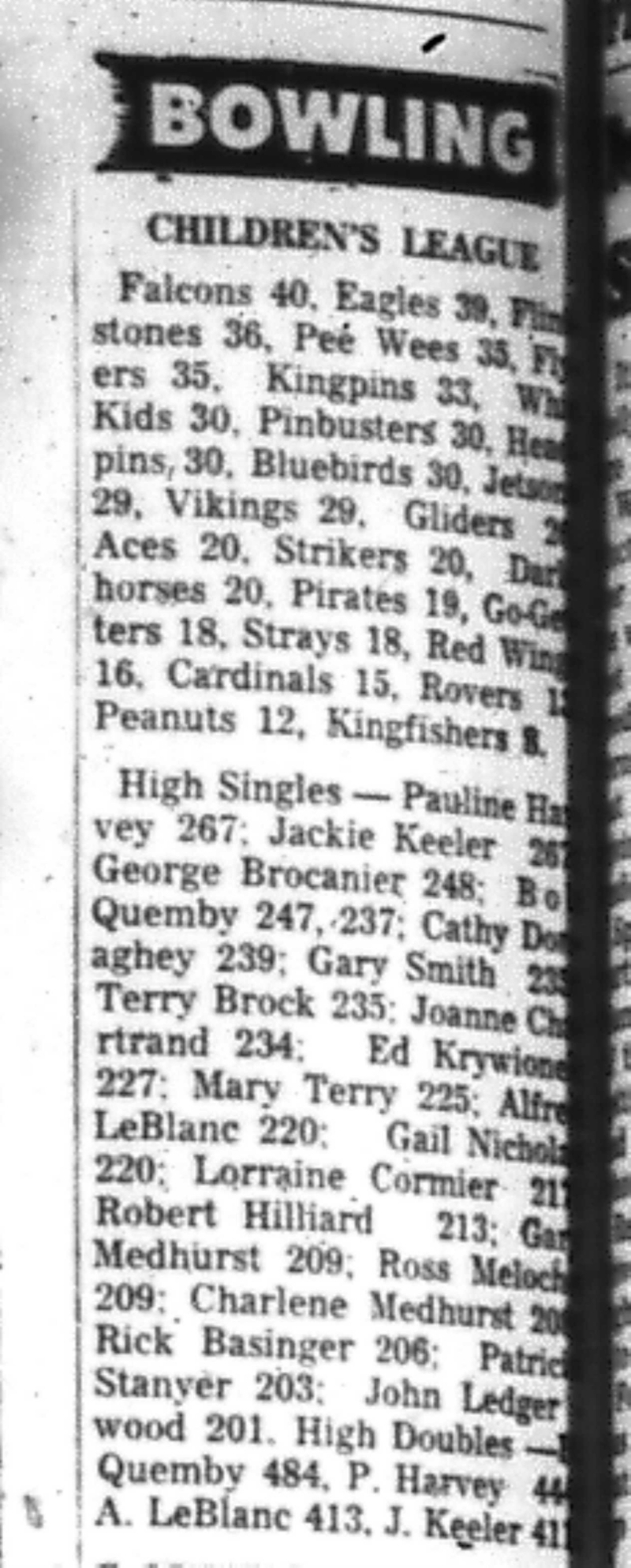 1966-12-14 Bowling -Mixed -Childrens League Results