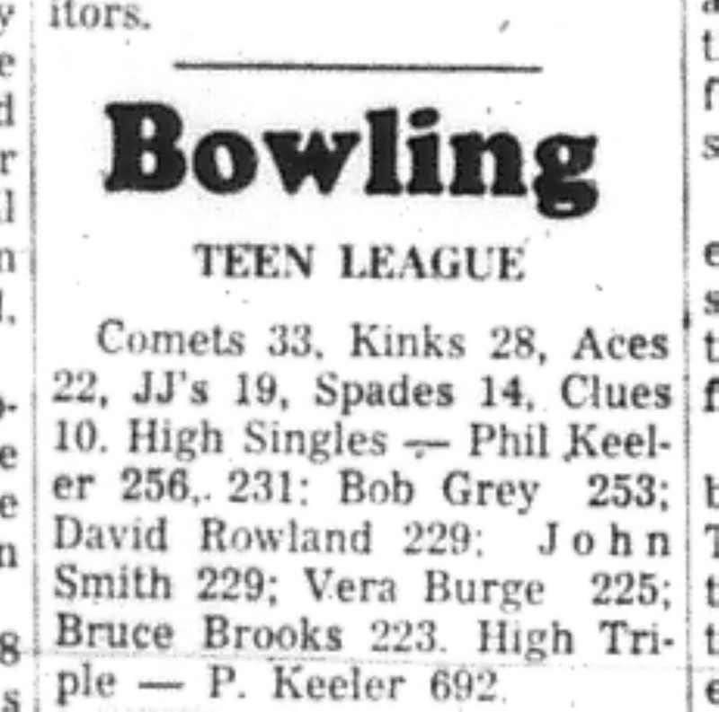 1966-12-14 Bowling -Mixed -Teen League Results