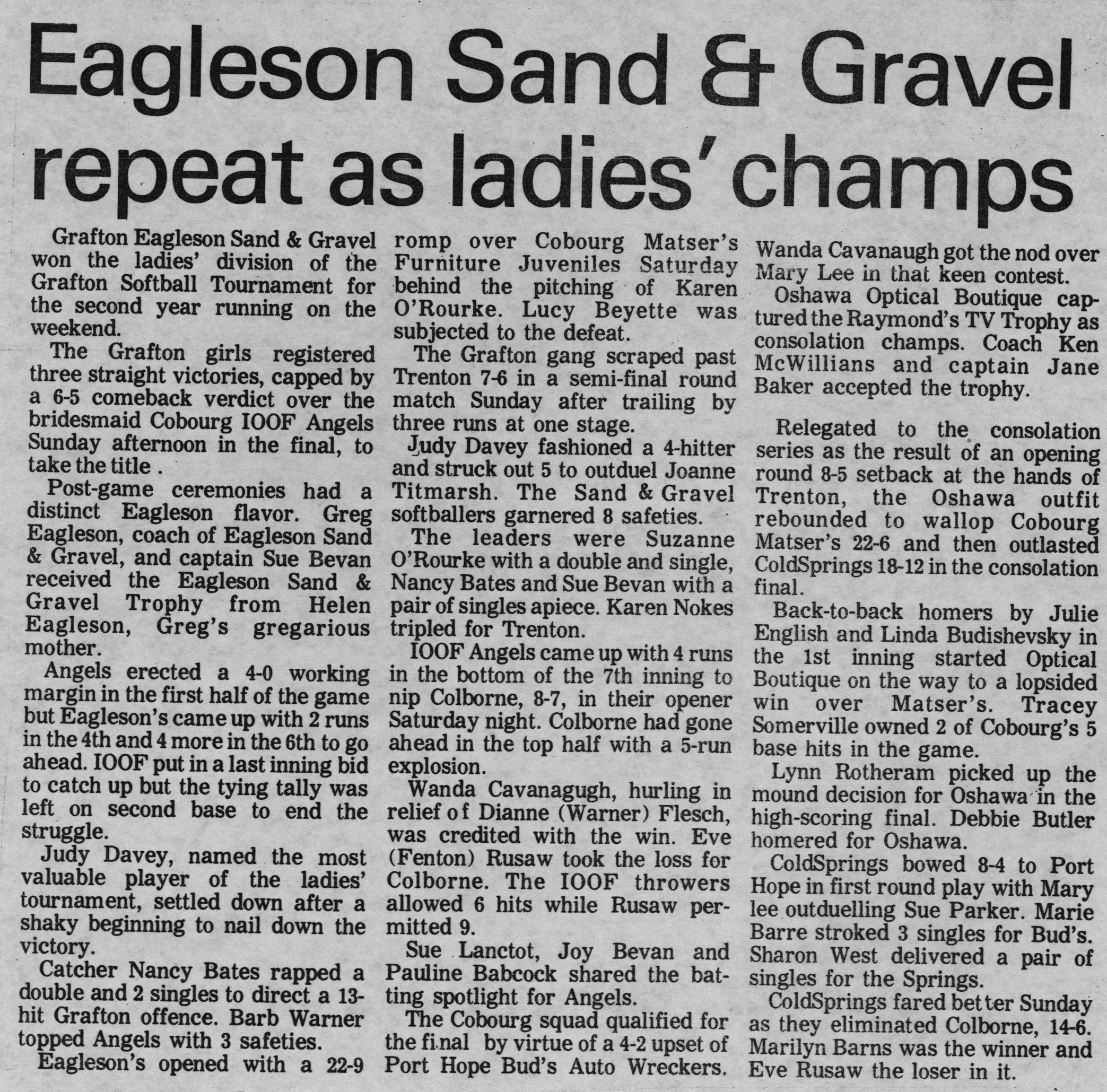 Softball -Grafton Tournament -1977 -Summary -Ladies
