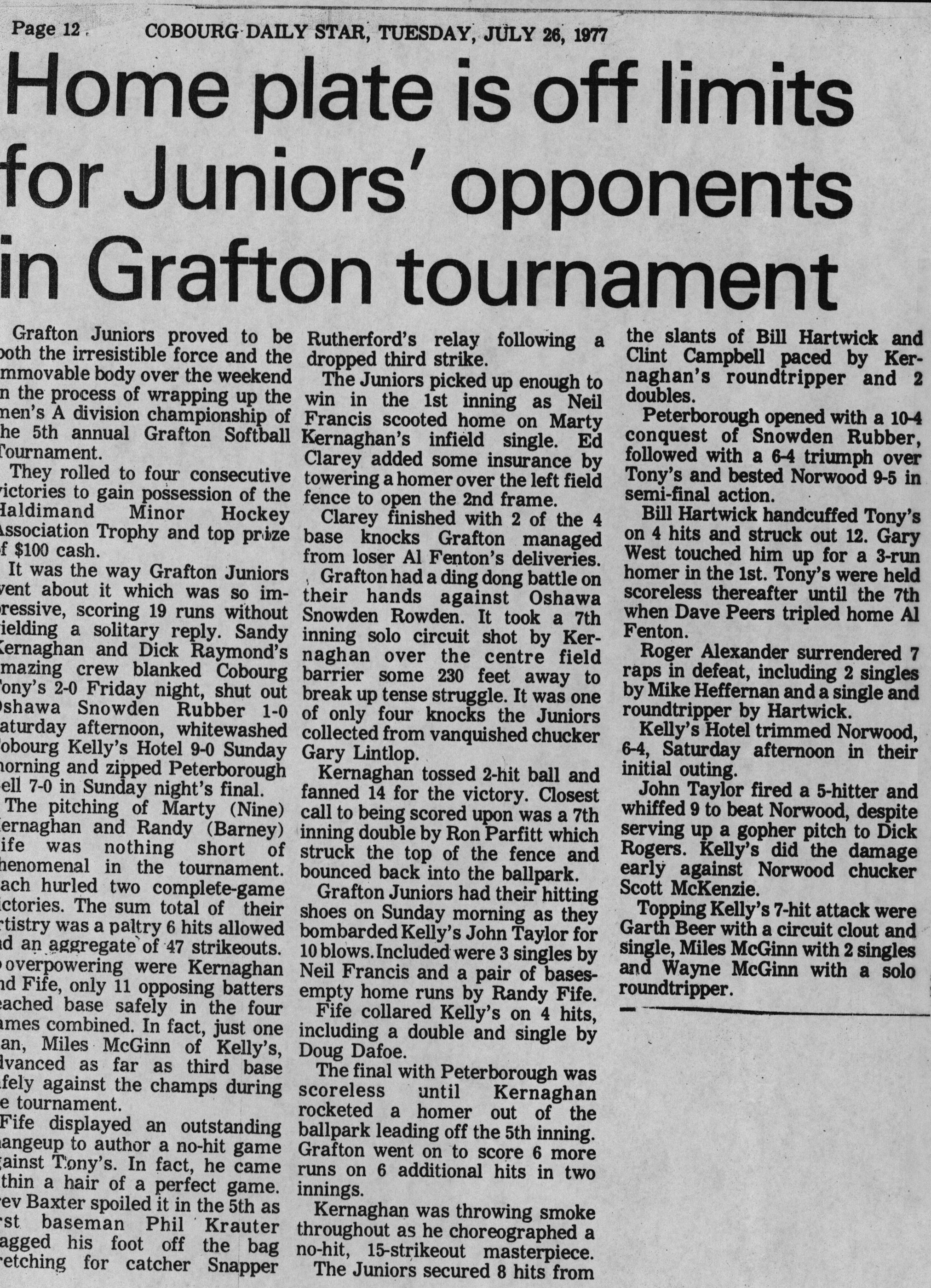 Softball -Grafton Tournament -1977 -Summary -Men