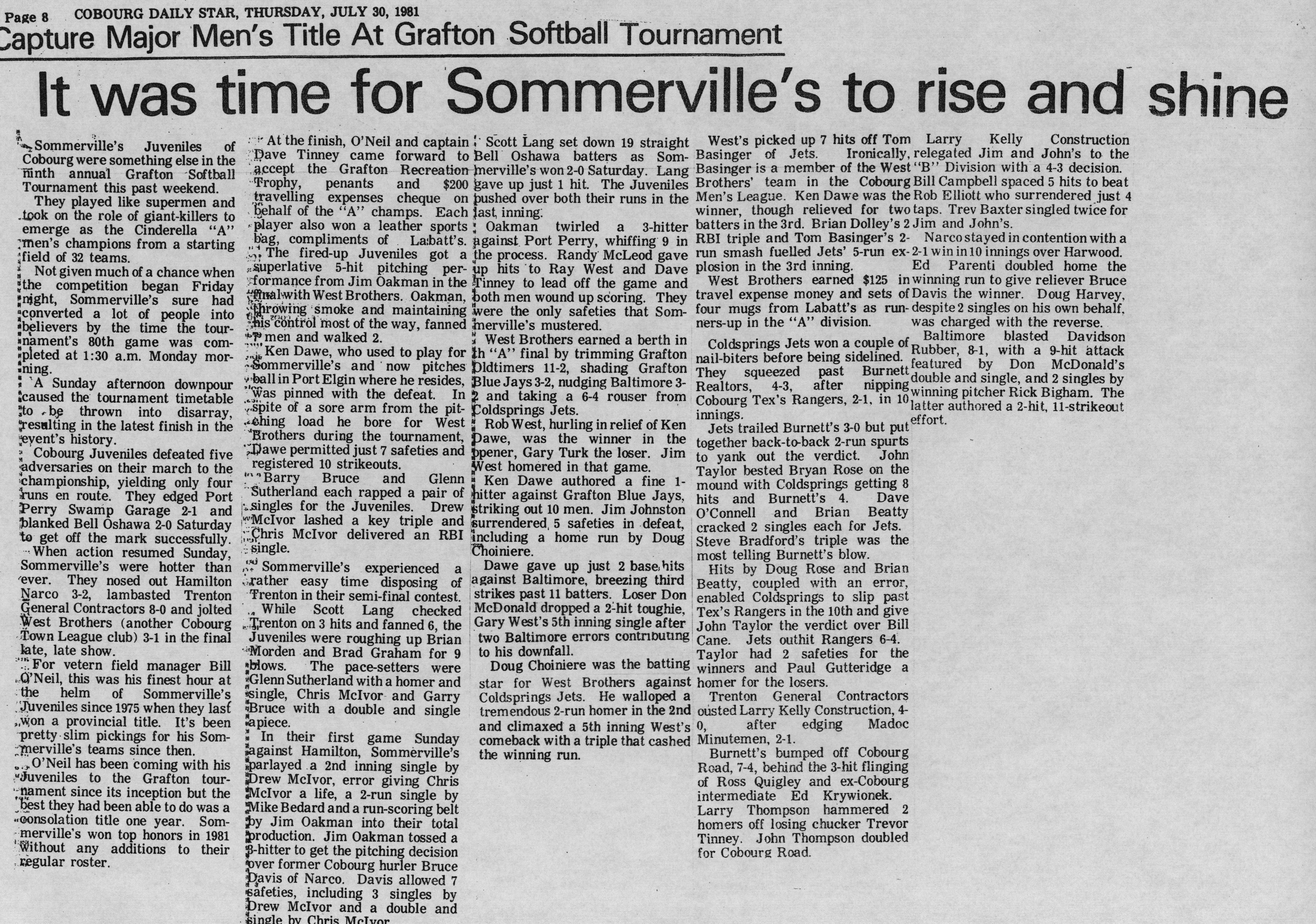 Softball -Grafton Tournament -1981 -Mens-Summary