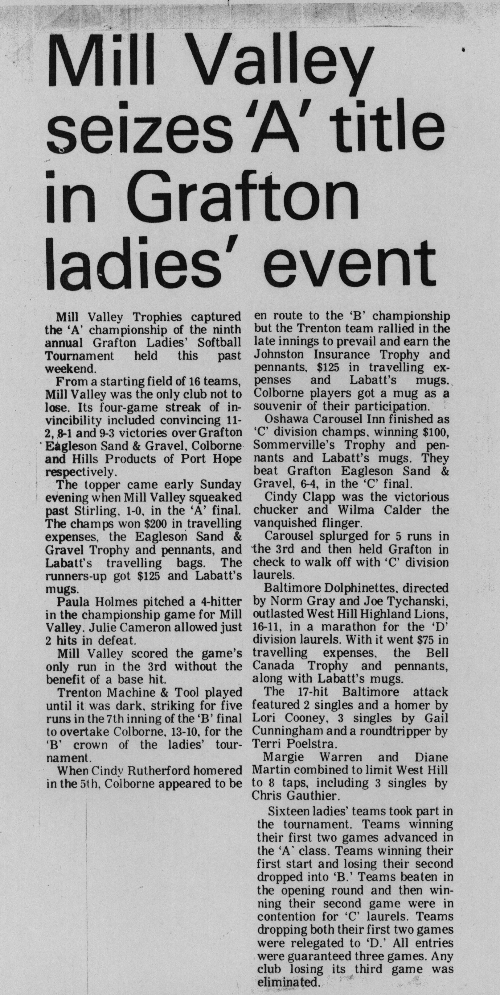 Softball -Grafton Tournament -1982 -Ladies-Summary