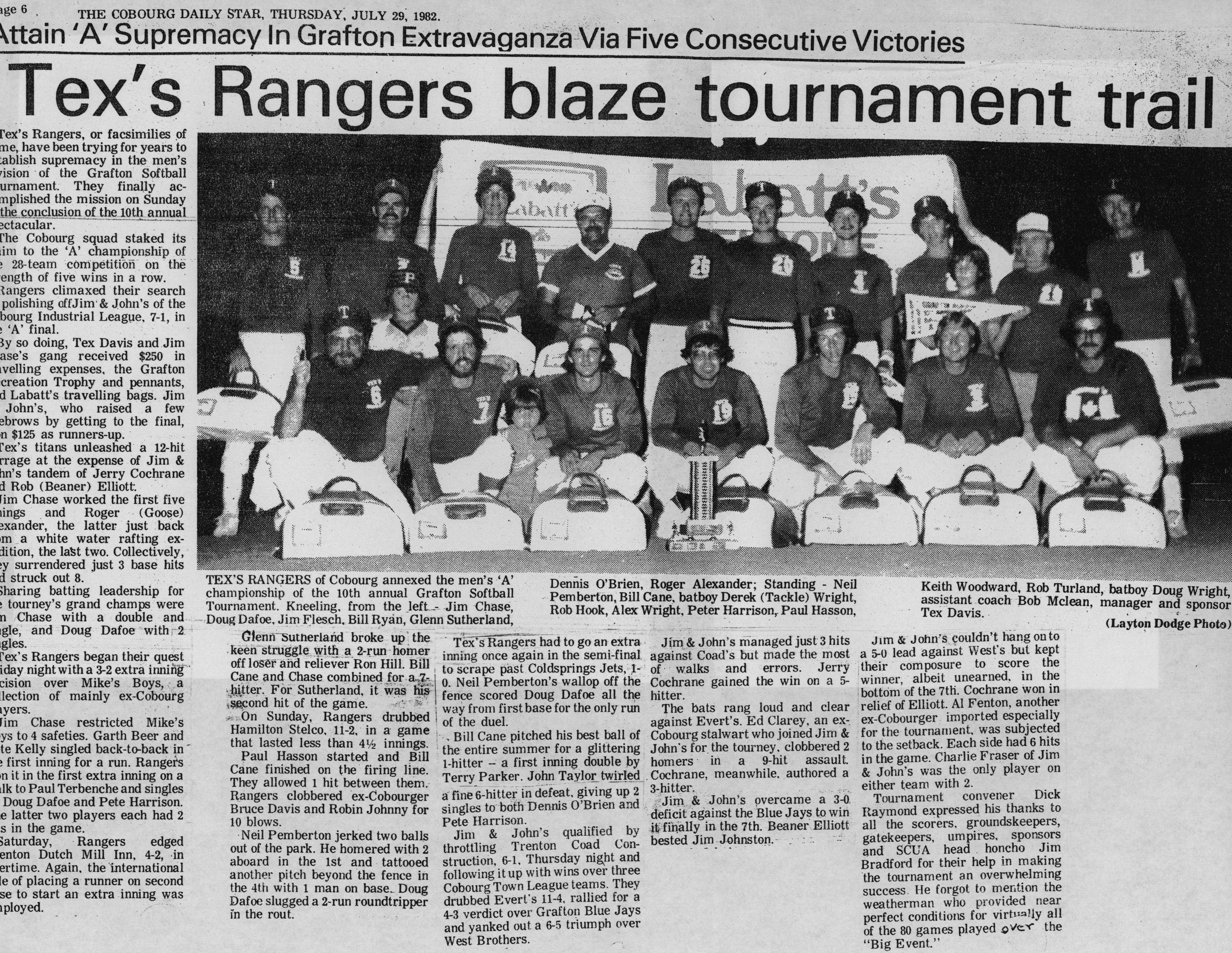 Softball -Grafton Tournament -1982 -Mens-Summary and A Champs-Cobourg Texs Rangers