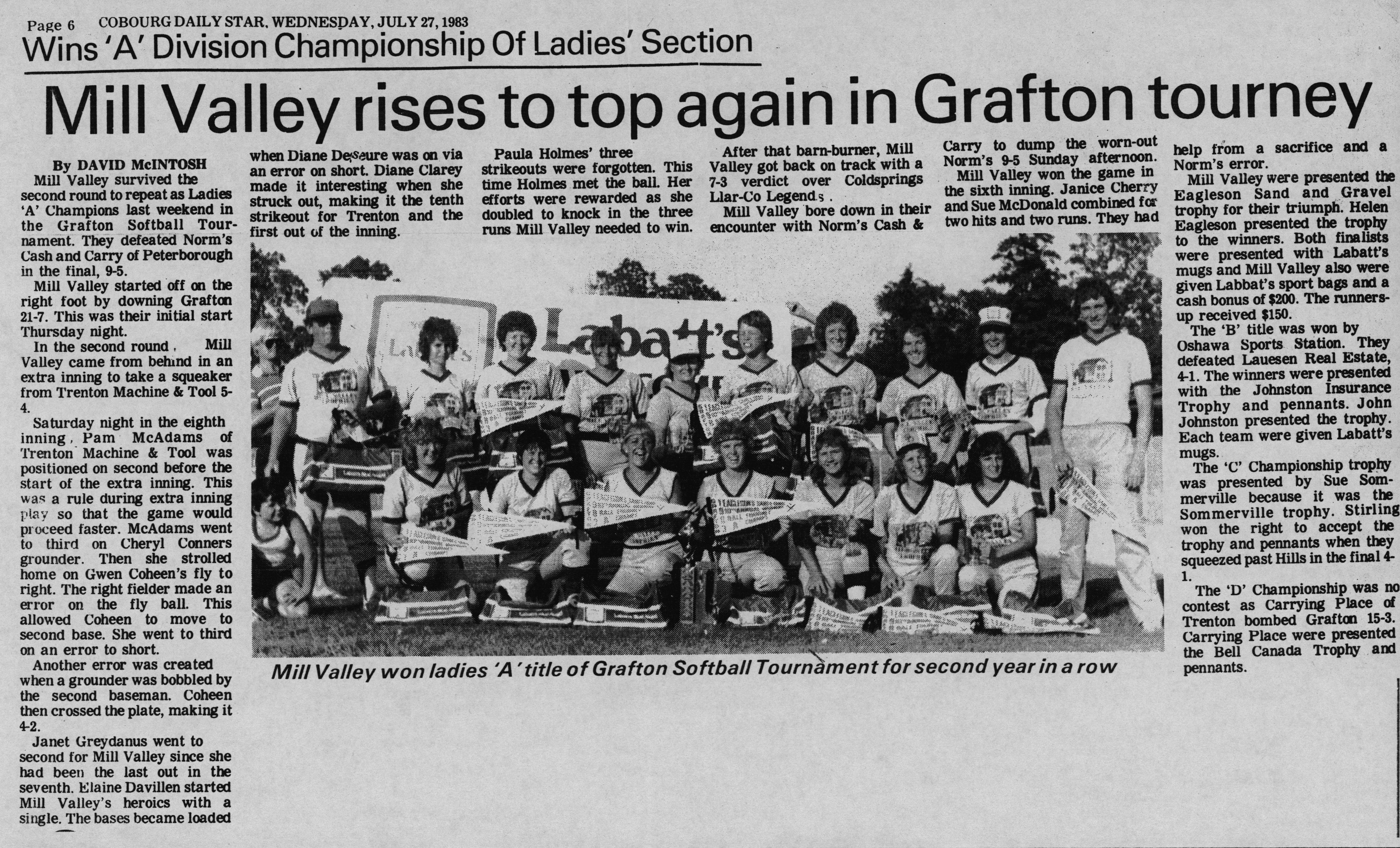 Softball -Grafton Tournament -1983 -Ladies -Summary and A Champs -Mill Valley