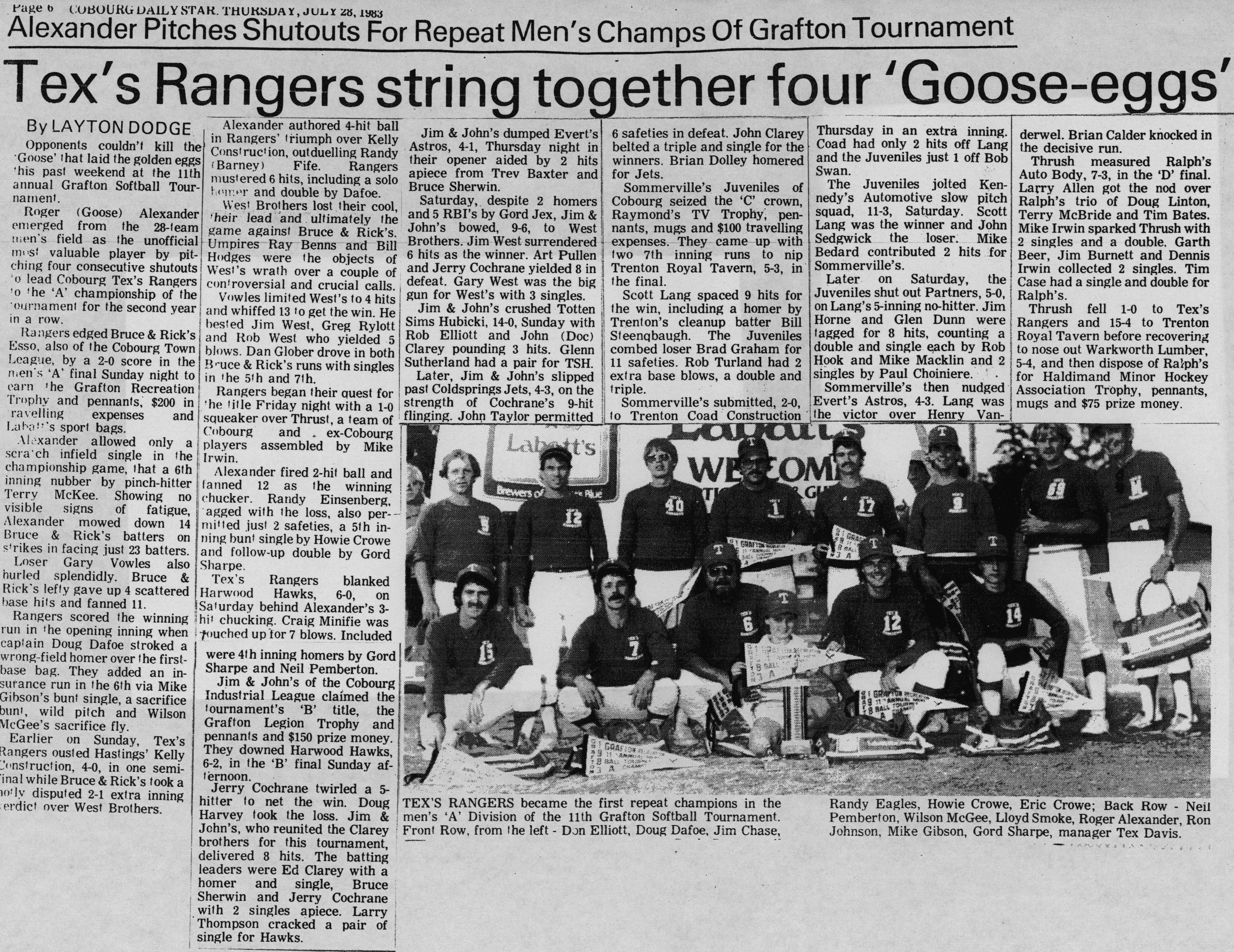 Softball -Grafton Tournament -1983 -Summary and A Champs-Cobourg Texs Rangers