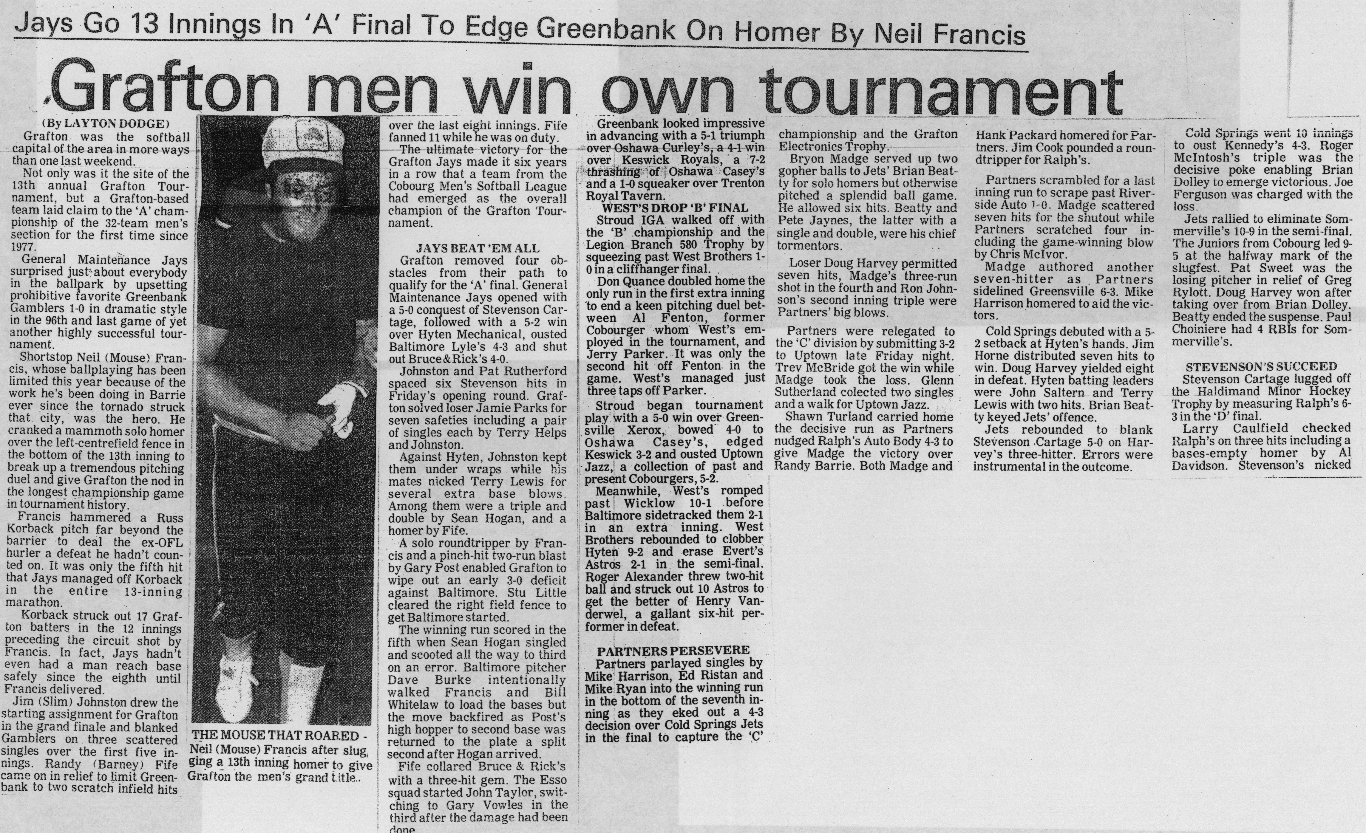 Softball -Grafton Tournament -1985 -Mens-Summary