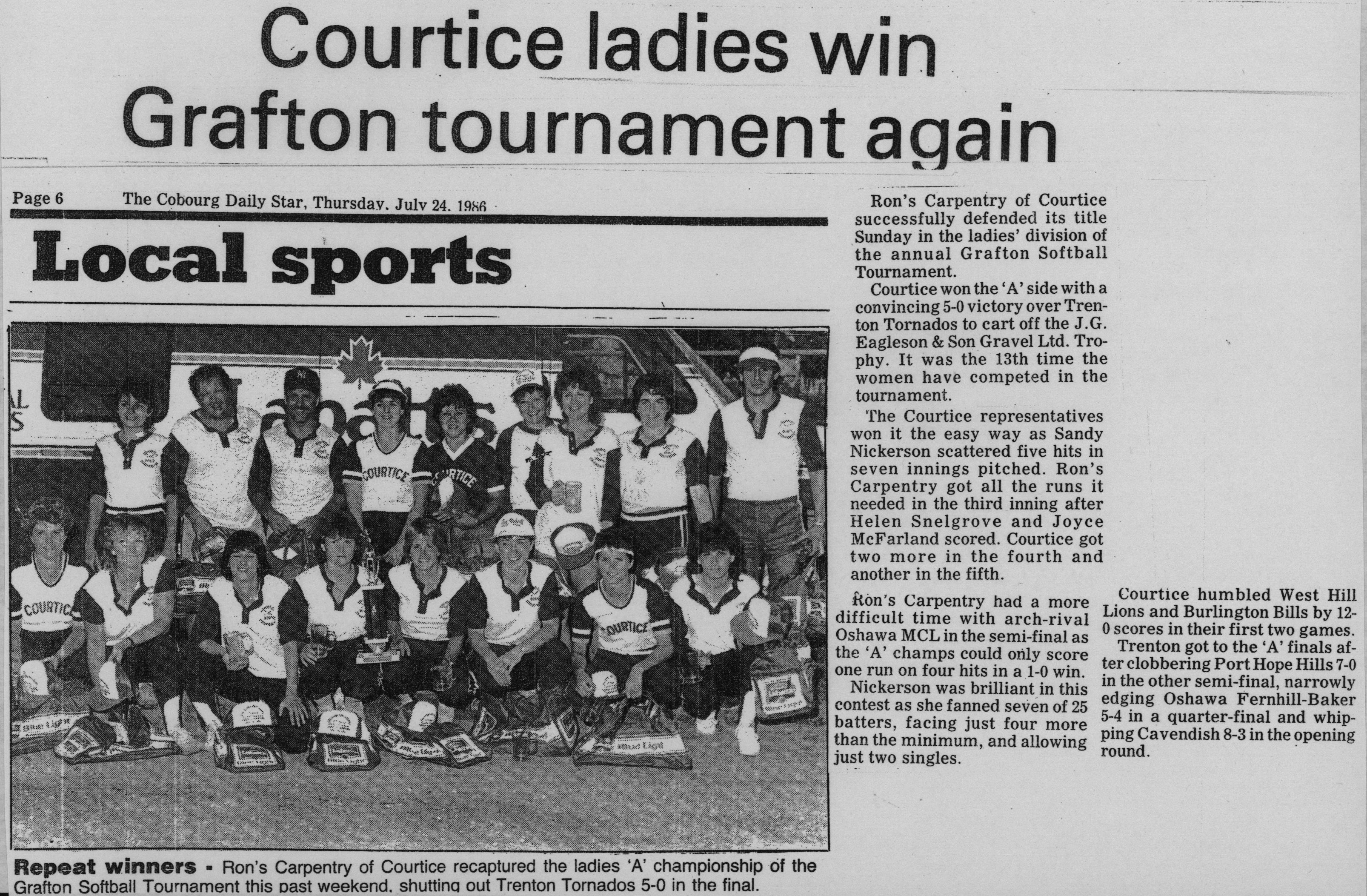 Softball -Grafton Tournament -1986 -Ladies -Summary and A Champs -Courtice