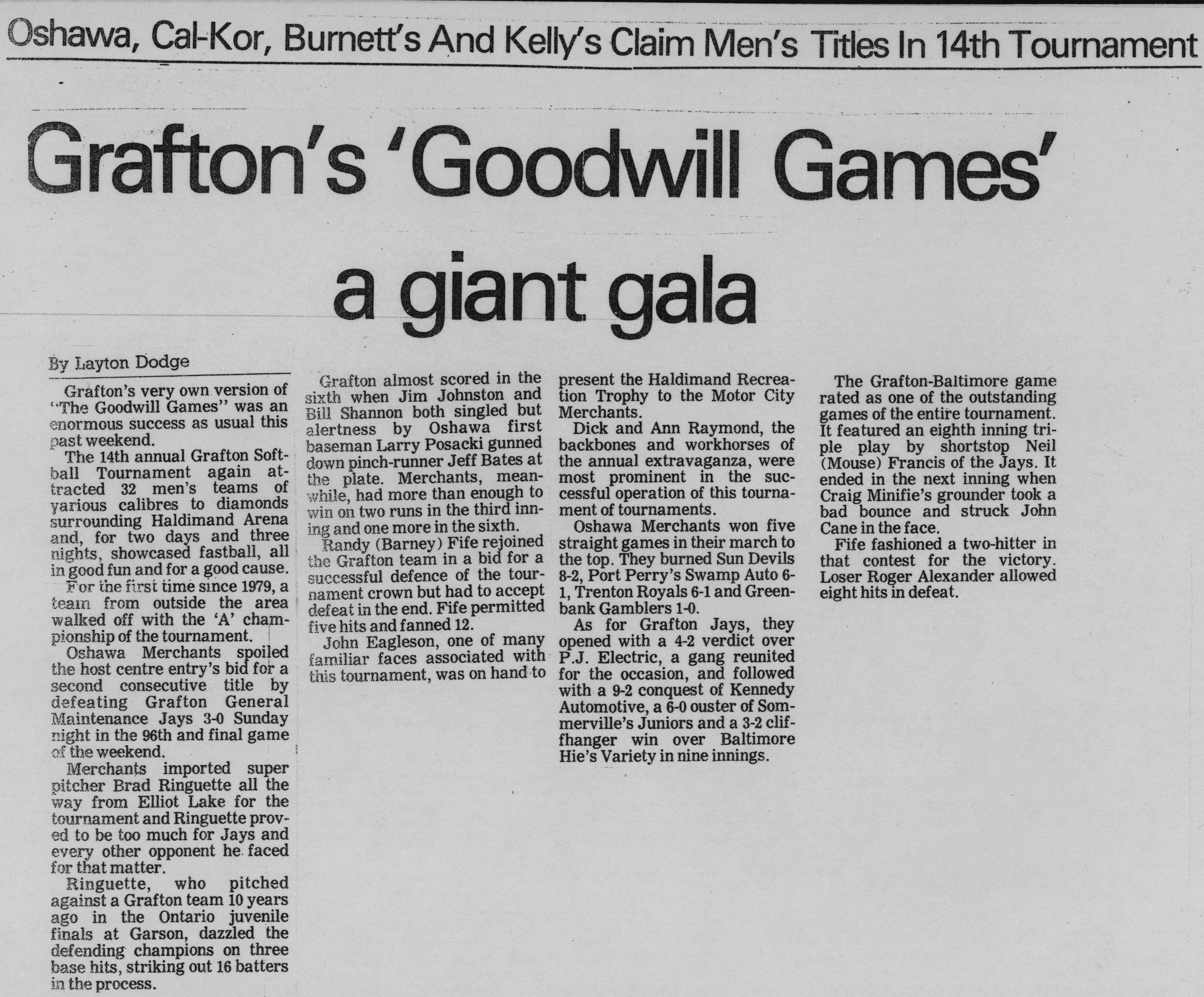 Softball -Grafton Tournament -1986 -Mens-Summary