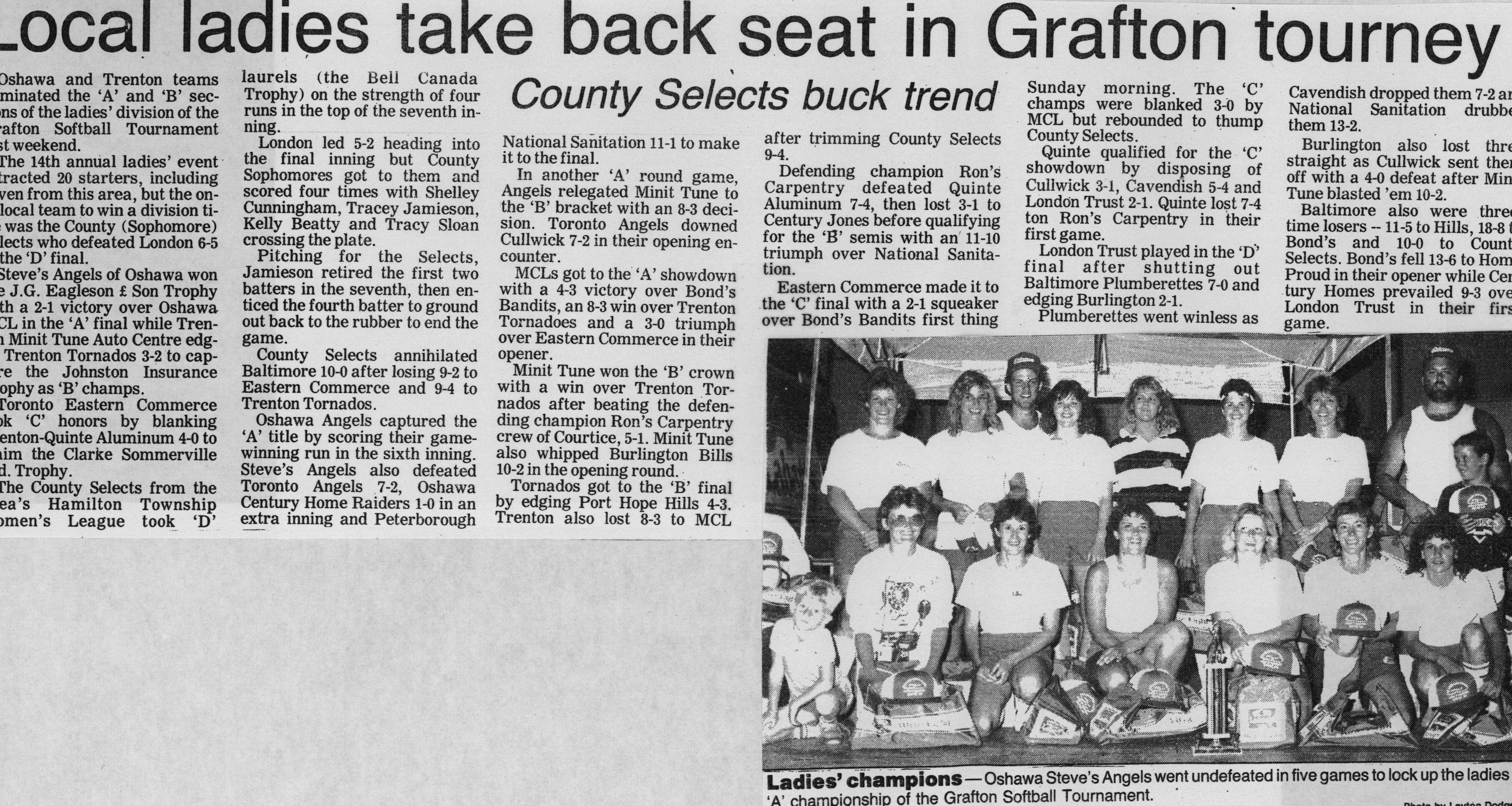 Softball -Grafton Tournament -1987 -Ladies-Summary and A Champs-Oshawa Steves Angels