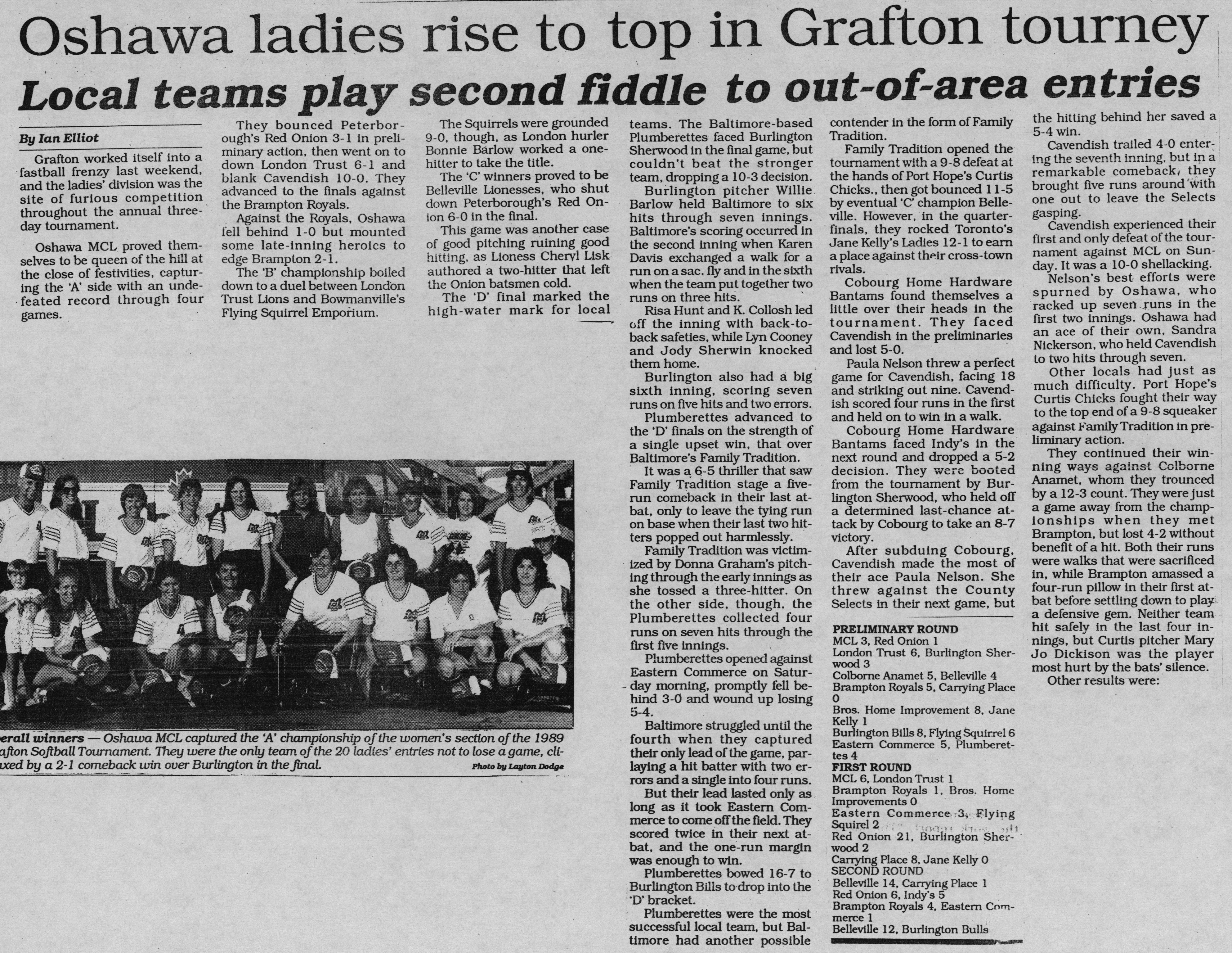 Softball -Grafton Tournament -1989 -Ladies-Summary and A Champs-Oshawa MCL