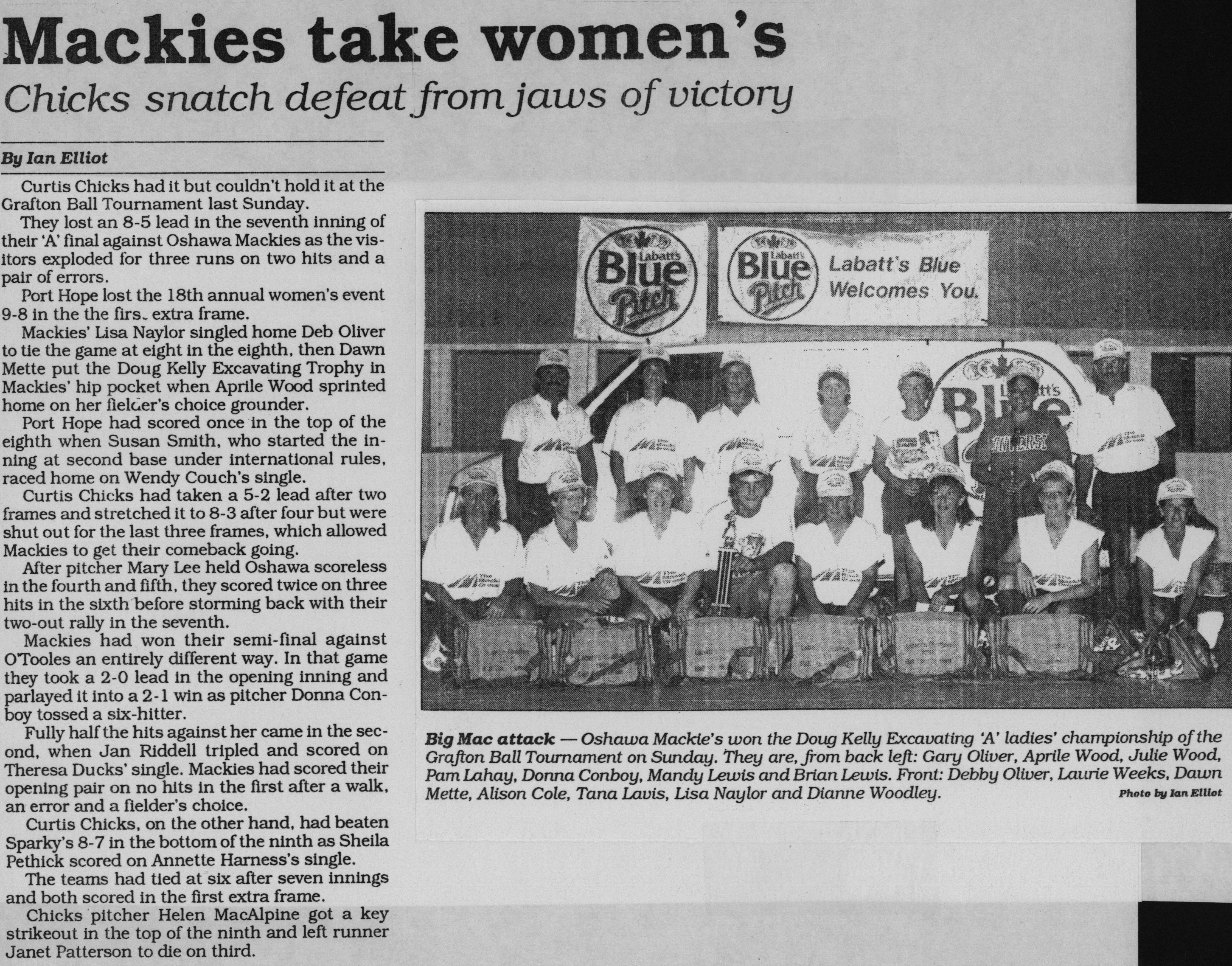 Softball -Grafton Tournament -1991 -Ladies-Summary and A Champs-Oshawa Mackies
