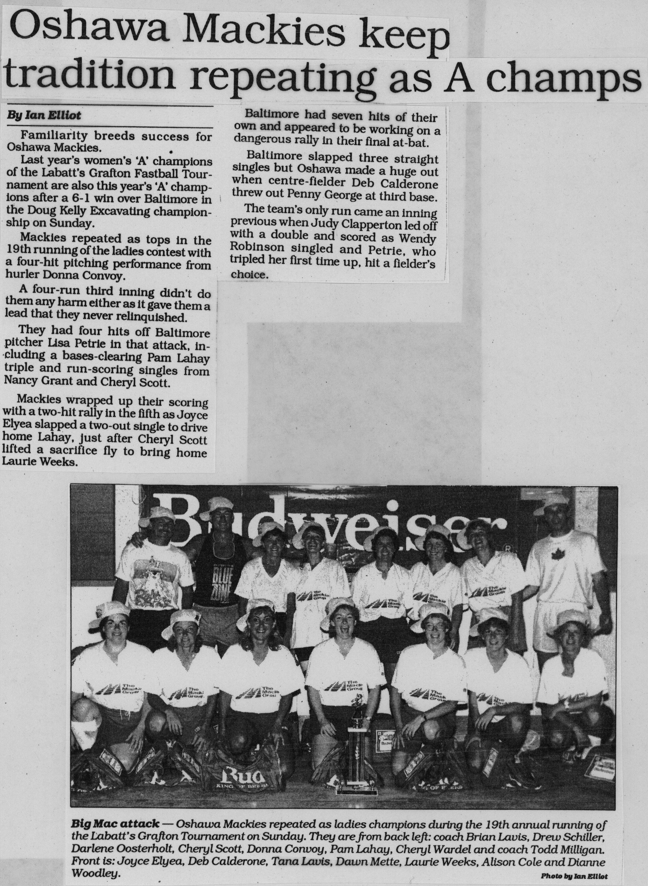 Softball -Grafton Tournament -1992 -Ladies-Summary and A Champs-Oshawa Mackies